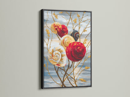 The spiral flower artwork is displayed in a black frame. The contrast makes the colors pop in this floral canvas art. A bold choice for modern art print lovers. Enhance your space today.