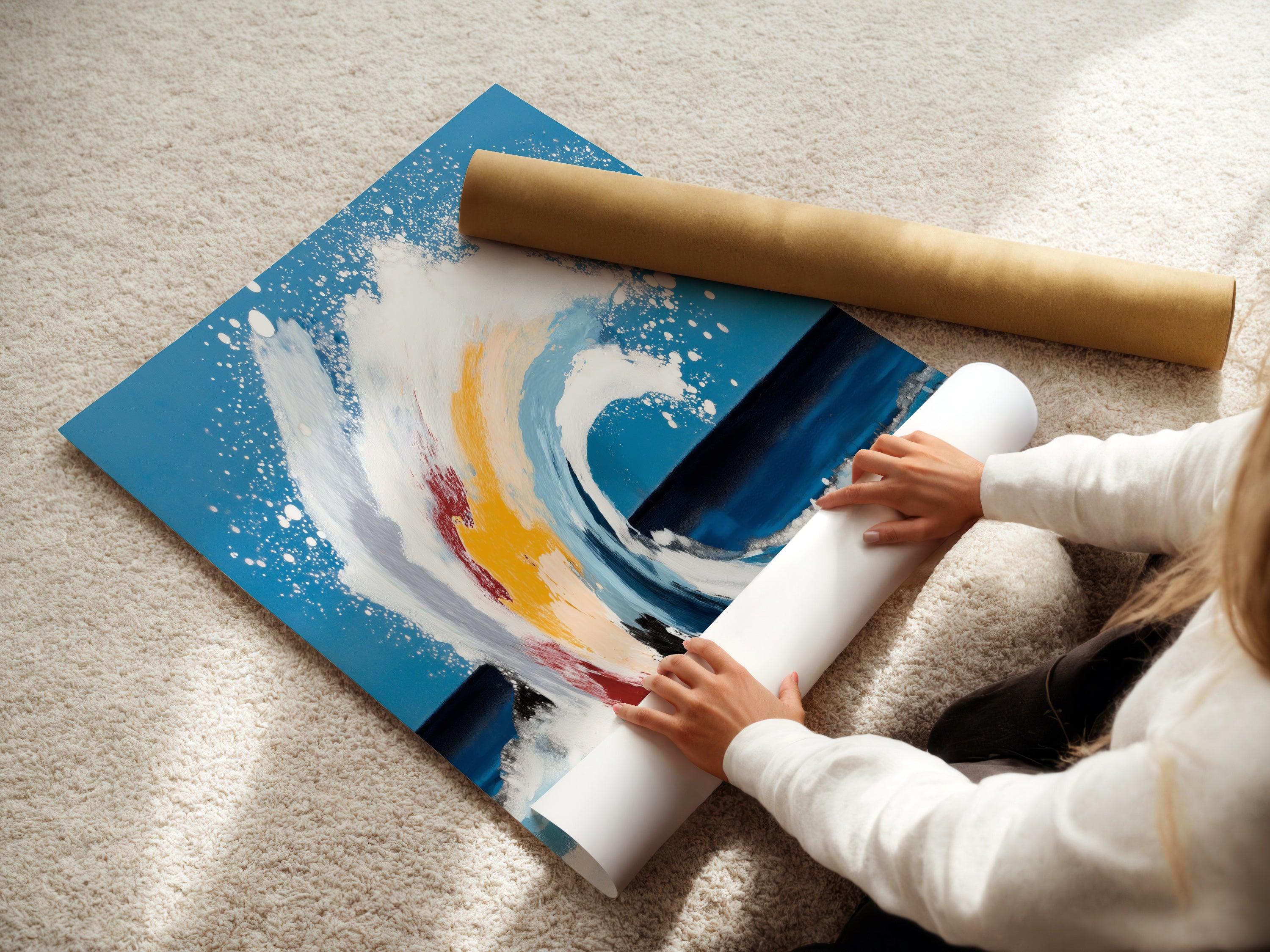 A woman is carefully rolling a fine art poster paper. The paper features a beautiful ocean wave art print. This allows for safe shipping. Get your abstract seascape ready to frame and display.