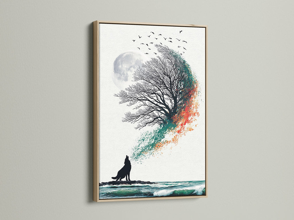 This is an oak frame showcasing wolf art. The moon canvas print looks great. Enhance your space with coastal wall art. Consider teal art print or orange wall decor. It's ideal bedroom art. The howling wolf adds a touch of nature.