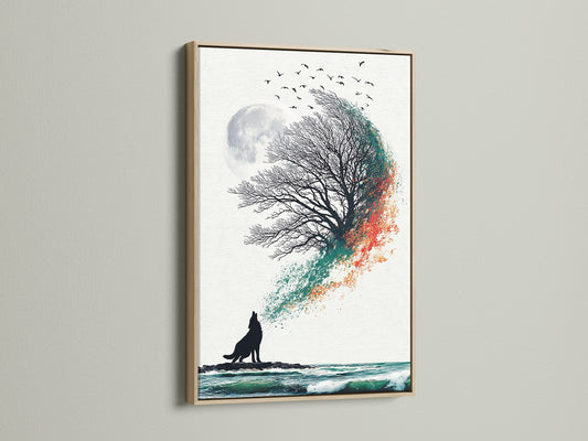 Wolf howling at the moon artwork in an oak frame. This coastal art print features a tree silhouette against a moonlit sky. It brings nature indoors to living rooms bedrooms and offices.