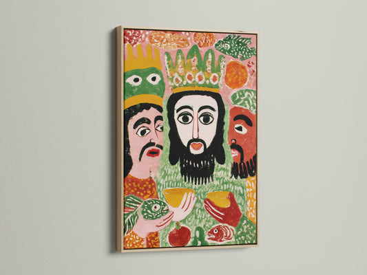 Biblical Folk Art Print showcasing the Three Wise Men in an oak frame. This religious artwork adds a touch of rustic charm to any space. Ideal for homeowners and church leaders seeking elevated wall decor. Its colorful design brightens living rooms and home offices.