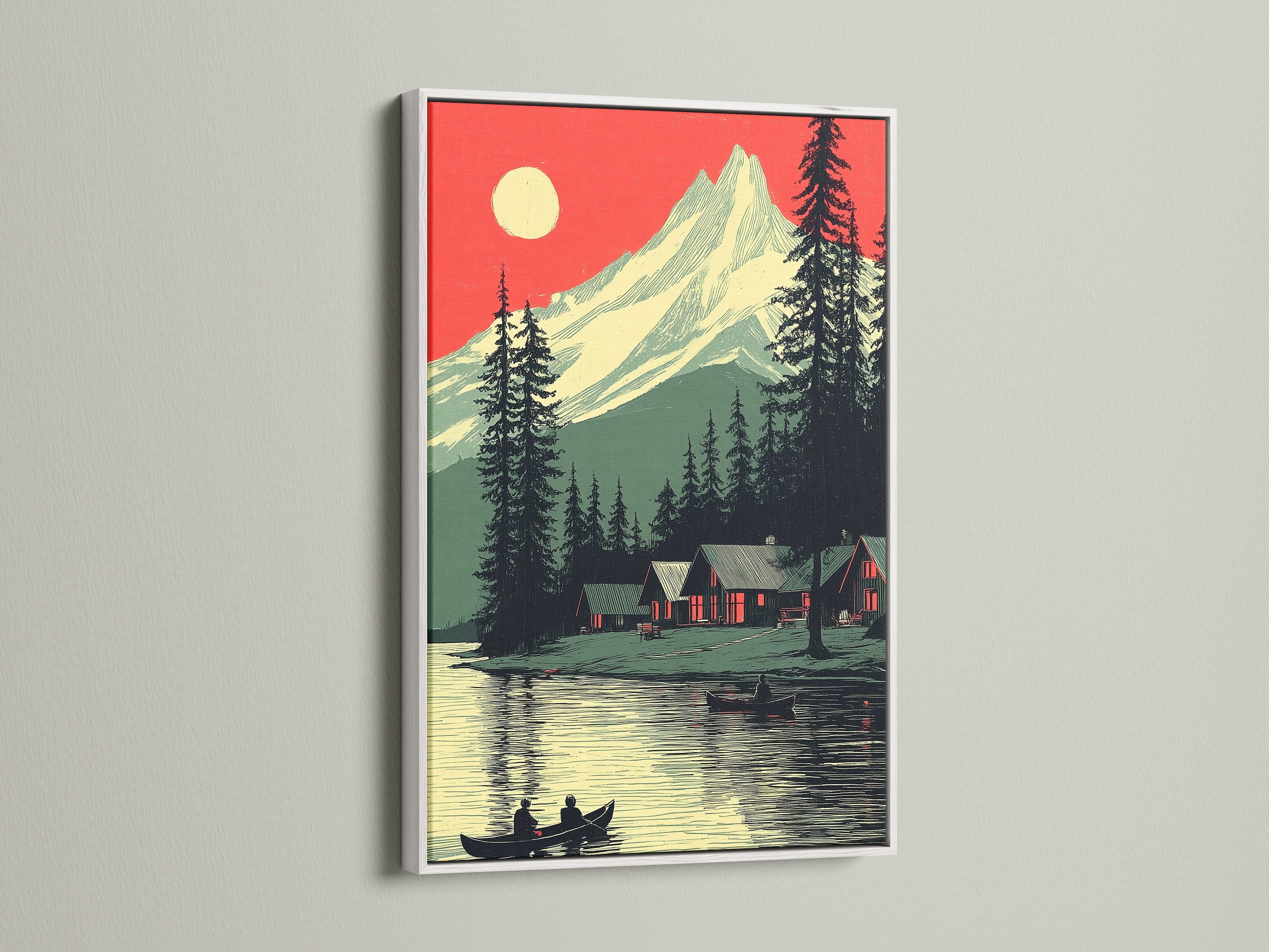 A mountain lake artwork is elegantly displayed in a white frame. The artwork captures a serene cabin by the lake surrounded by nature. The white frame enhances the artwork's rustic charm. Perfect for adding a touch of nature to your home. A timeless piece.