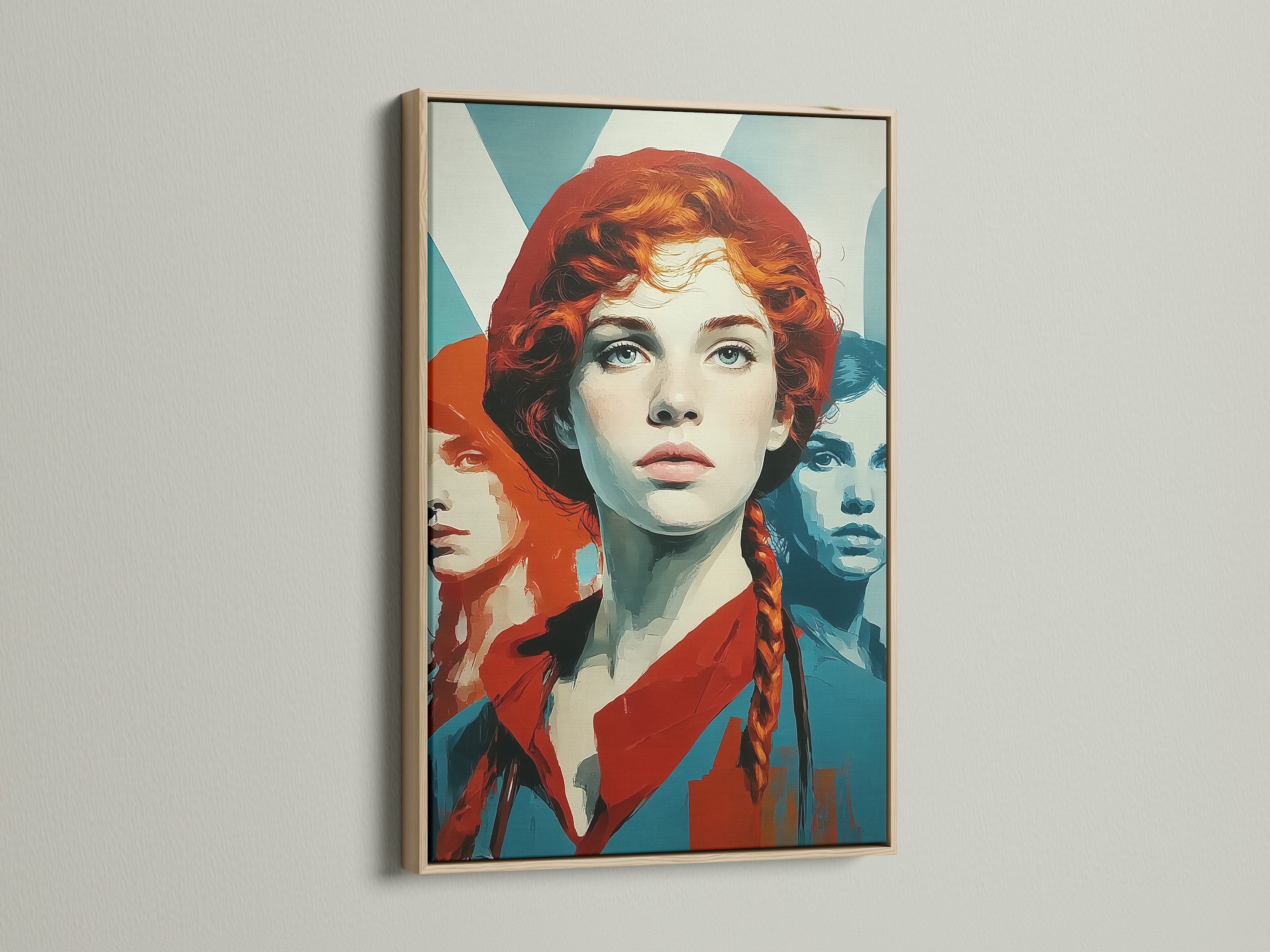 Retro Woman Art in an oak Frame. This vintage pop art style wall decor is perfect for a bedroom or office space. The artwork features red hair and teal orange hues. Elevate your space with this modern portrait.