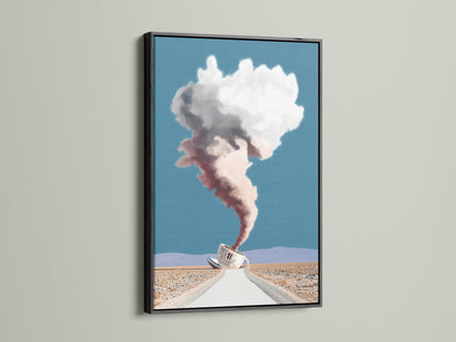 Surreal Coffee Cup Artwork in a Black Frame. It features a desert landscape and dreamy cloudscape. This modern art print is ideal for office wall art. The black frame makes it a unique wall decor piece. Great for modern and eclectic styles.