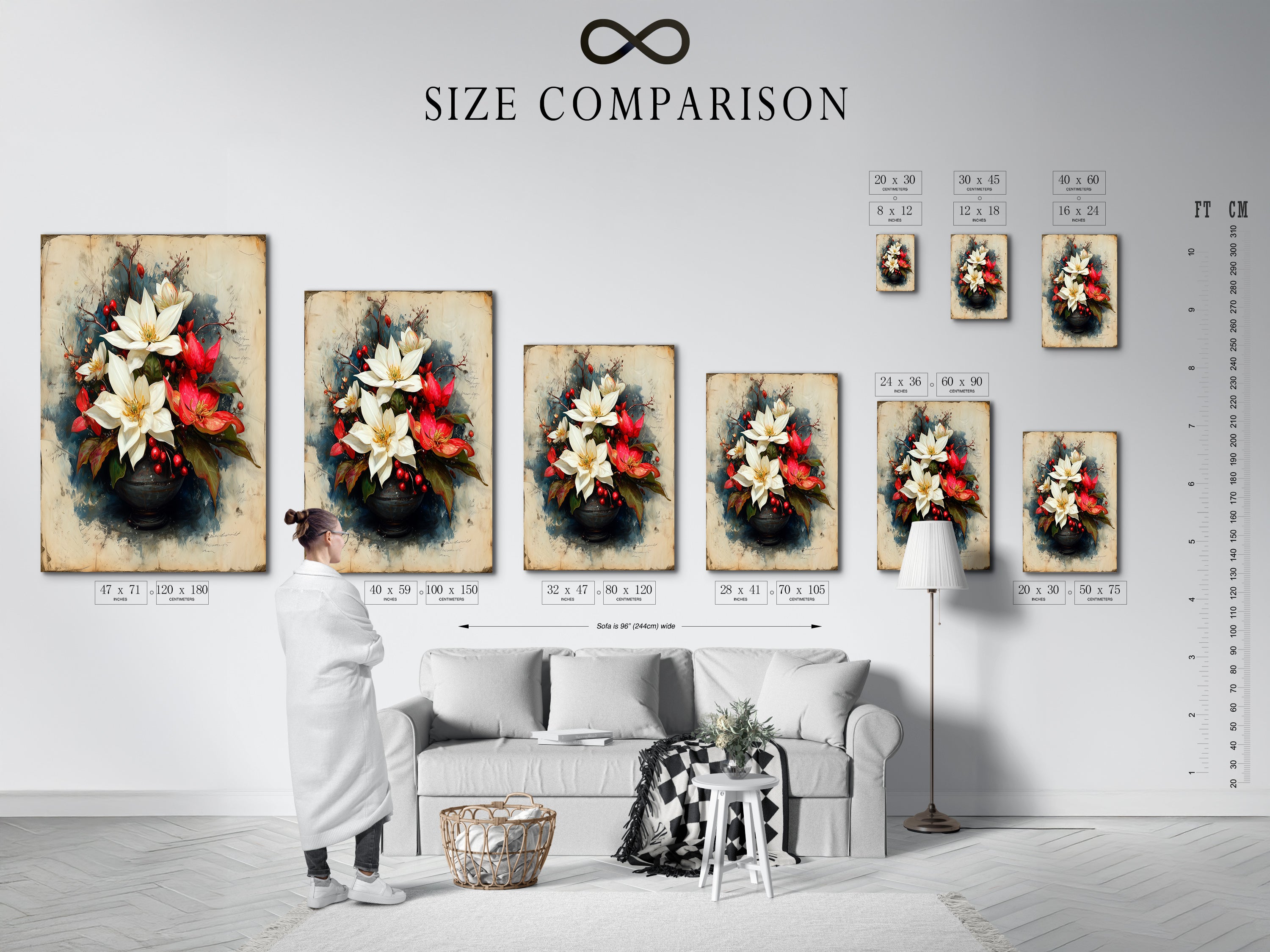 Size comparison chart displayed in an interior setting showcasing poinsettia artwork. Choose the perfect size for your floral canvas. Red and white flower art enhances any room. Ideal for holiday decor or as a Christmas gift. Find the right botanical print.