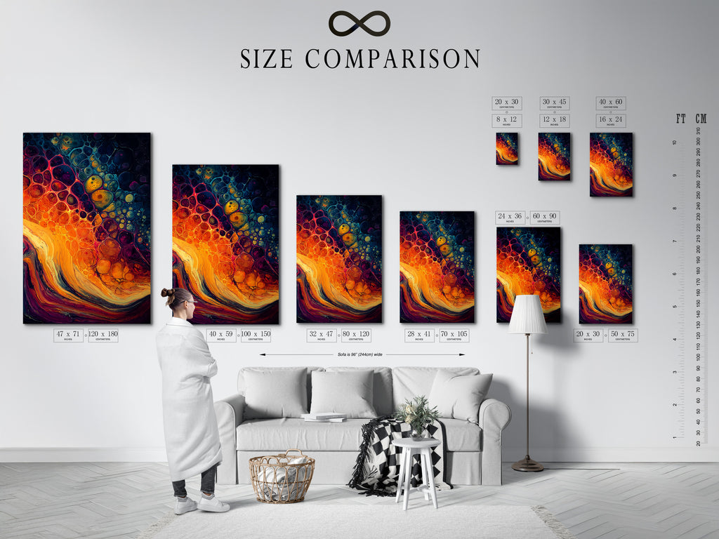 A size comparison chart in an interior setting. This chart helps visualize art dimensions in a room. See how different sizes fit your space. Plan your art arrangement. Find the perfect size for your wall. Get a feel for scale.