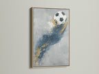 This sports canvas print features a blue and gold soccer ball design. It is showcased in an oak frame. The artwork adds a touch of athletic decor to any space. Perfect for boys rooms and game rooms. Elevate your sports themed decor with this print.