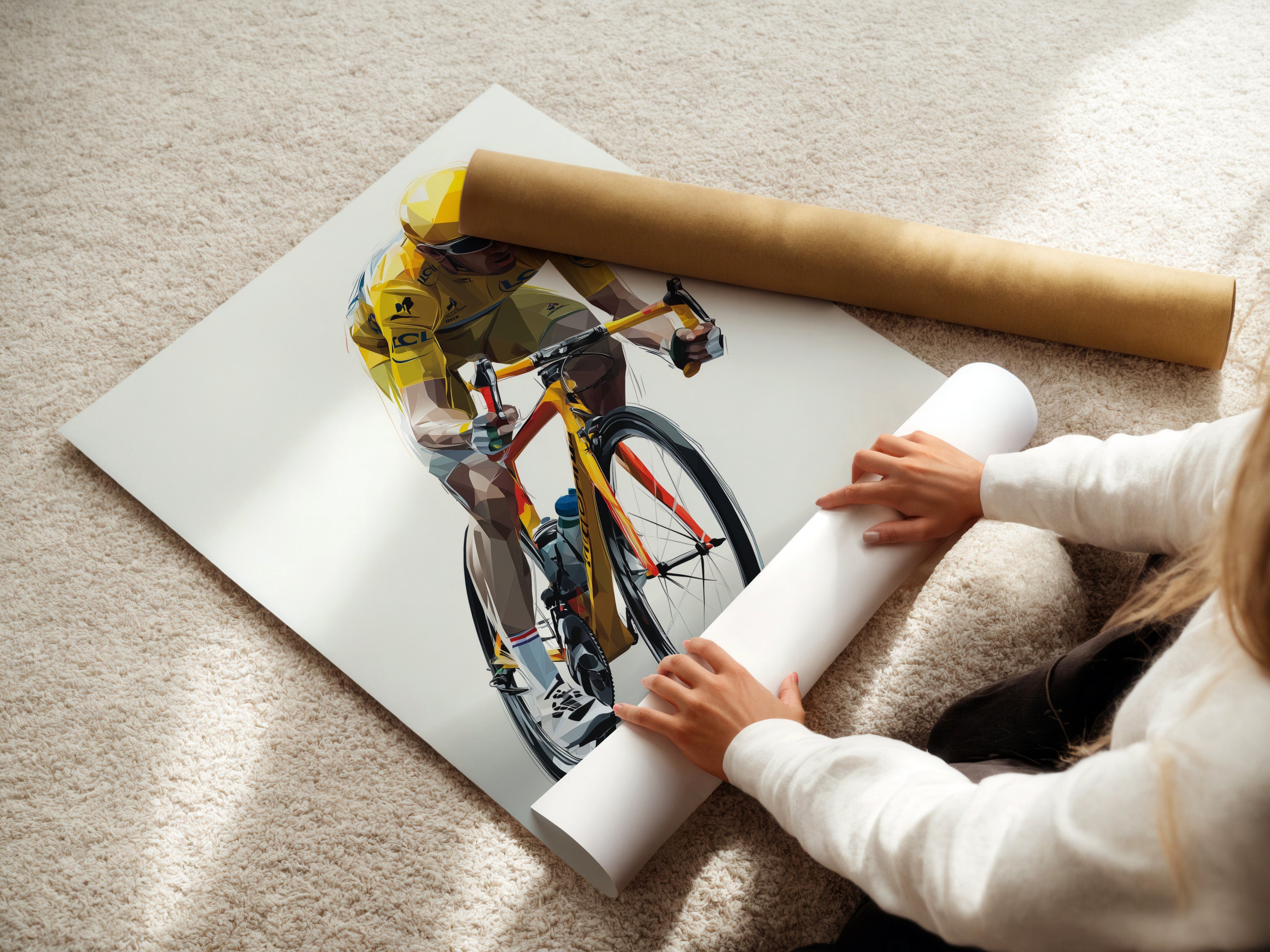 A woman is carefully rolling a fine art poster paper. The paper has a smooth texture. This protects the artwork during handling. Ensures the artwork arrives in pristine condition.  Order your fine art prints on high-quality paper.  Experience the difference in quality.