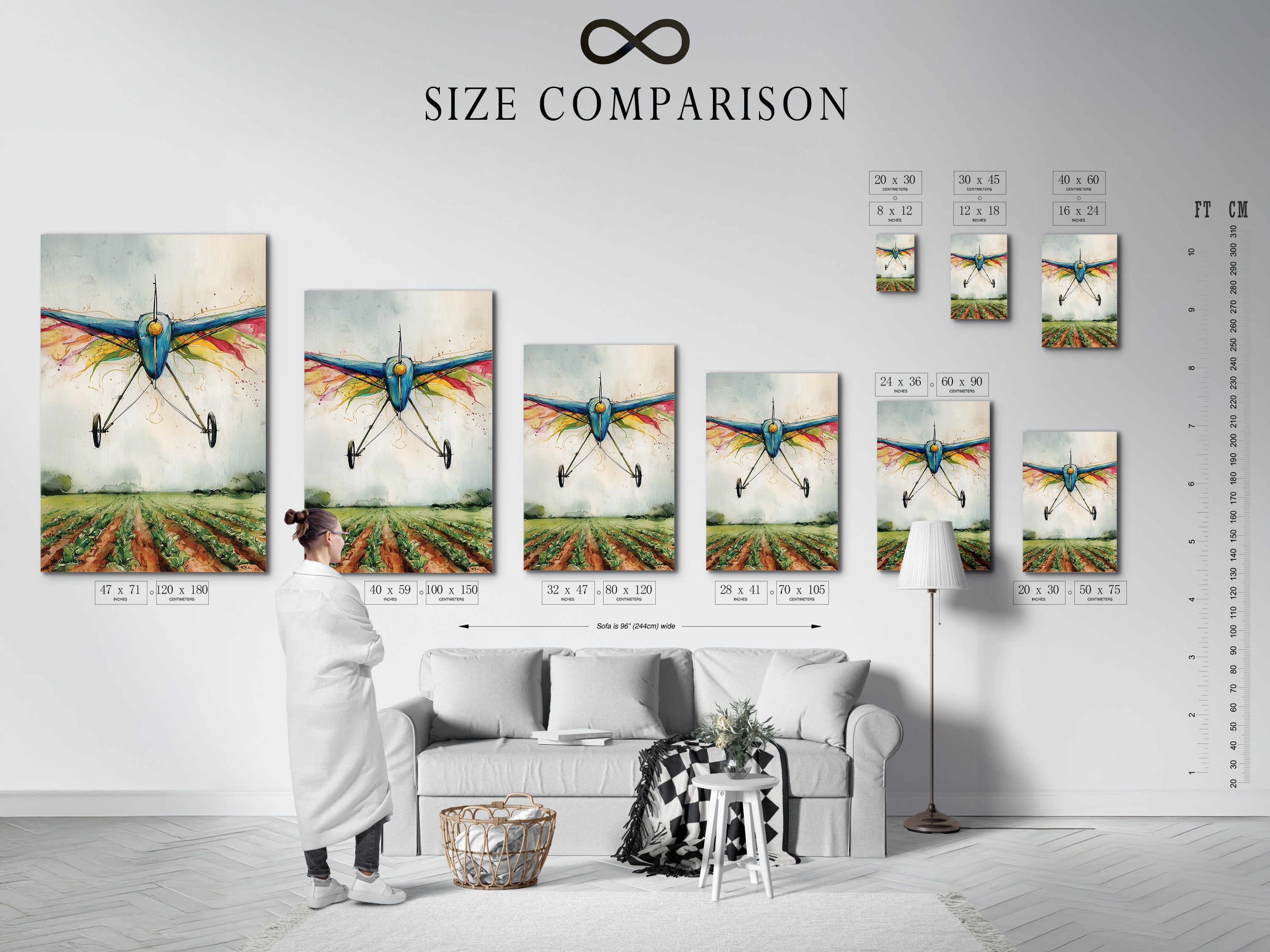Size comparison chart in an interior setting. The chart shows various sizes of watercolor airplane artwork. Visualize the perfect fit of this vintage biplane art. Plan your aviation decor project effectively.
