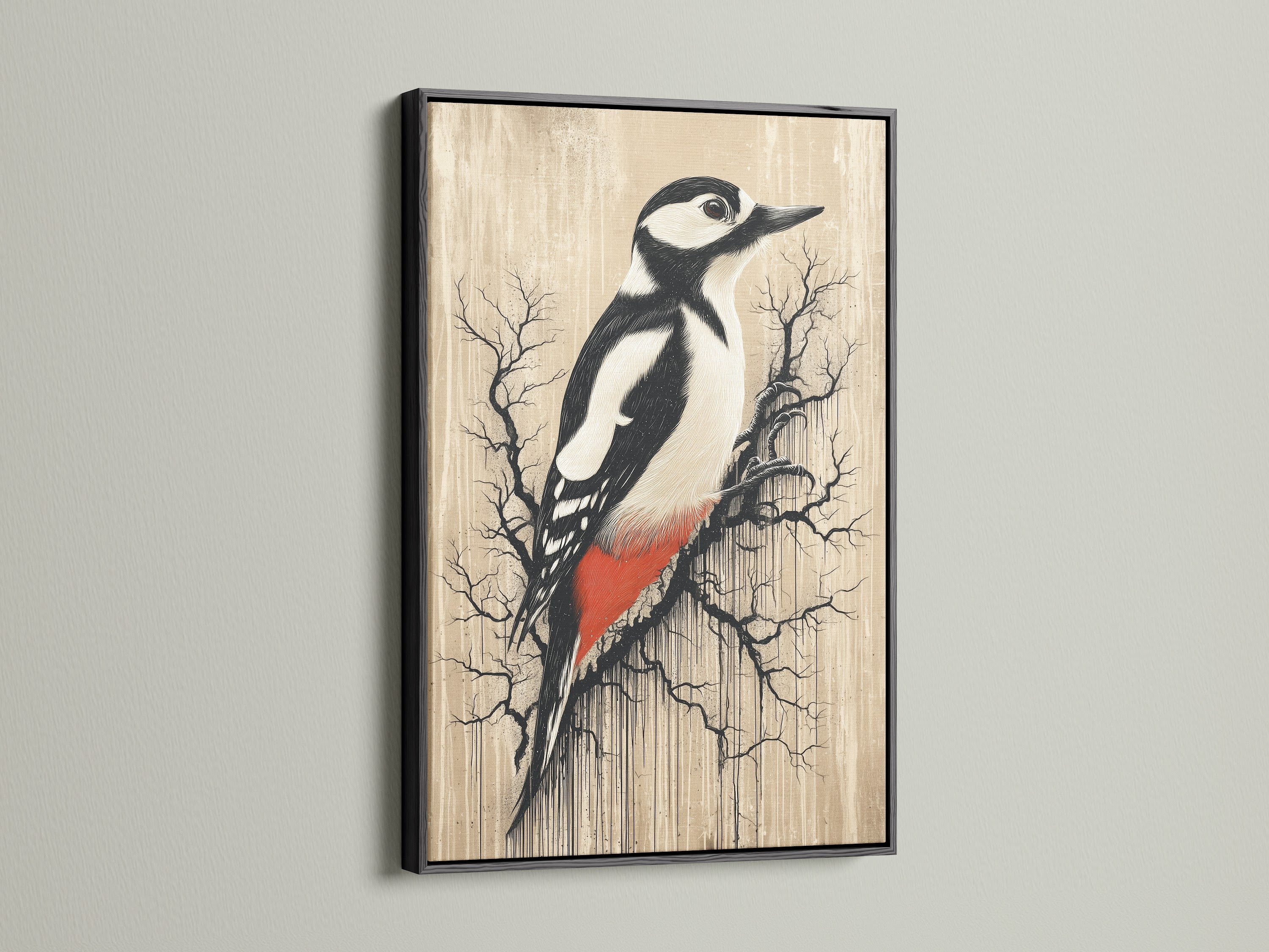 Woodpecker artwork displayed in a black frame. Rustic vintage bird wall art for your home. Neutral tone artwork to enhance your study room. Ornithology art for birdwatchers and wildlife enthusiasts. A versatile piece that fits minimalist farmhouse and eclectic styles. Great for living room bedroom study or office