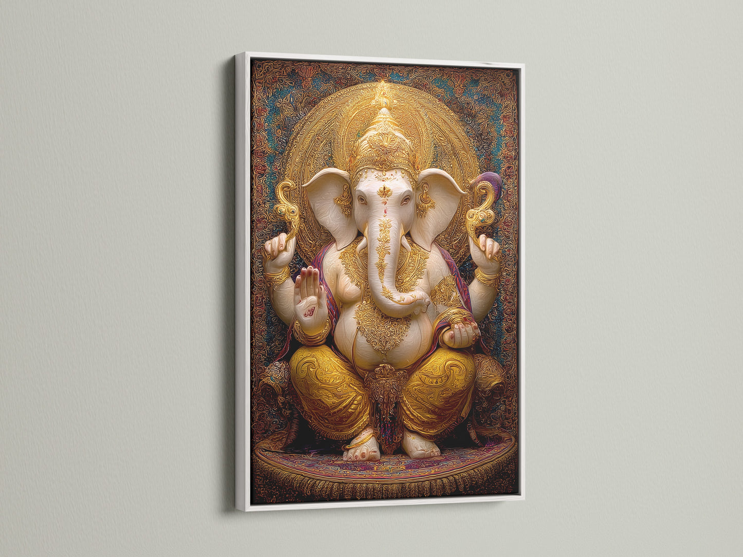 White frame displaying artwork. The clean white frame enhances the artwork. It gives it a modern and minimalist look. Perfect for any contemporary interior. The white frame adds a touch of elegance to any room.