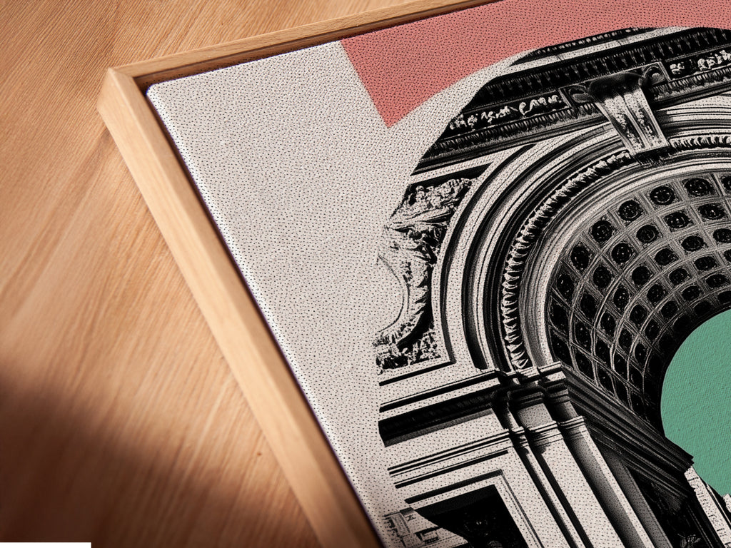 Close-up angled view of the New York Arch canvas print inside a floating frame. The floating frame enhances this urban artwork. It is perfect for modern wall decor. The floating frame adds depth and elegance to the cityscape print