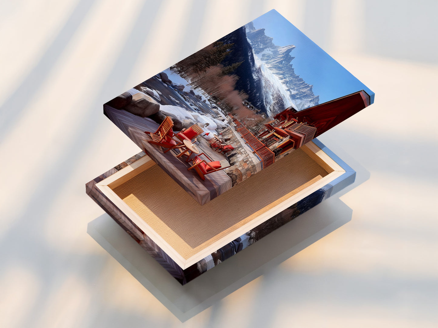 This is a stretched canvas print of a mountain chalet. The artwork features a snowy Alps landscape. It is perfect for rustic lodge artwork for cabin decor. The stretched canvas enhances the art's texture. This piece brings winter's beauty to any space.