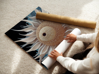 A woman carefully rolls a fine art poster paper featuring a beige sunflower. This botanical print is perfect for modern decor. The neutral floral artwork is ideal for a scandi minimalist home. Choose this flower artwork to enhance your living space. Perfect for framing or displaying as is.