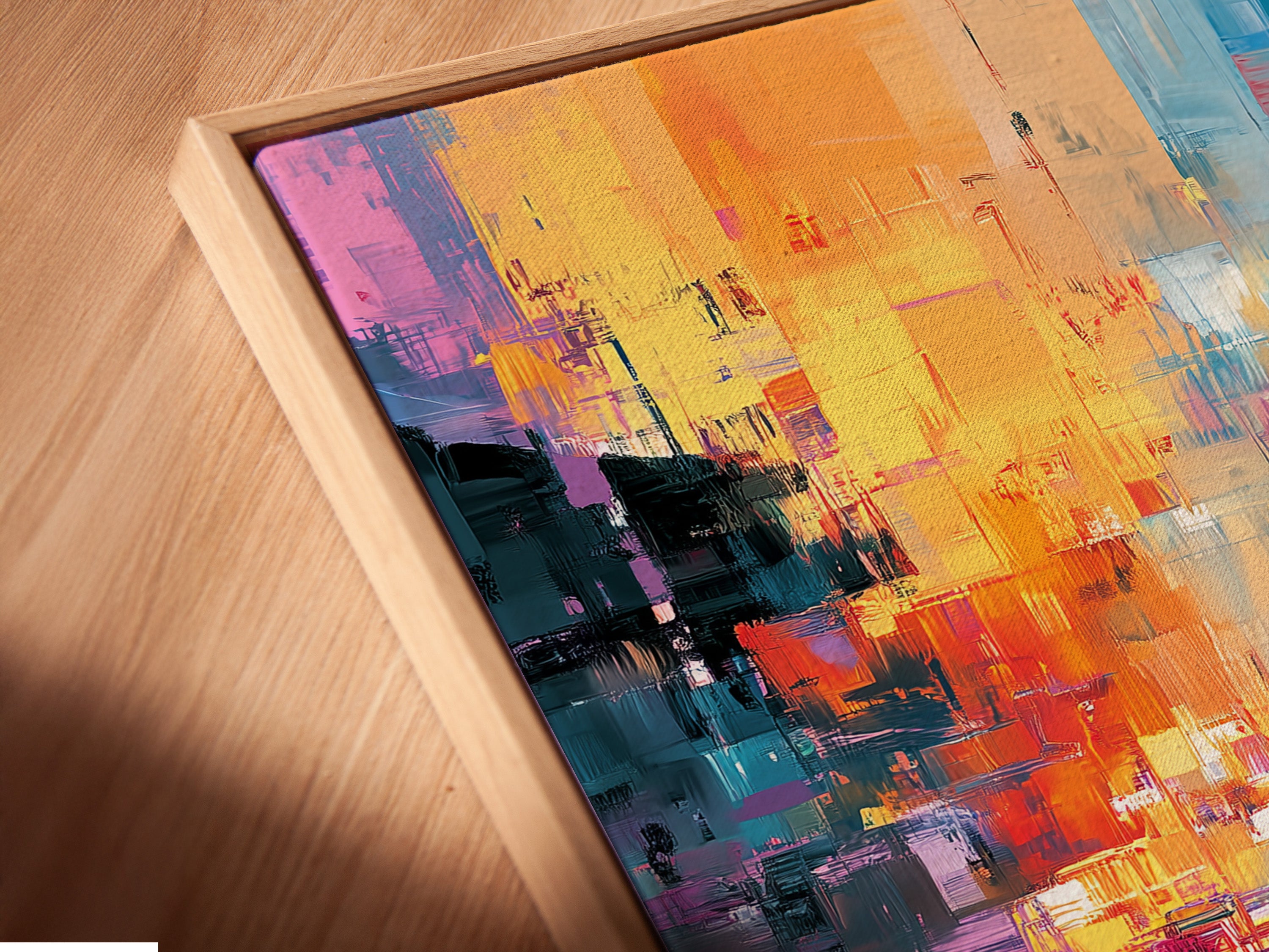 A close-up shows an angled view of a canvas print in a floating frame. The canvas showcases an abstract race car artwork. The floating frame creates a gallery-like display. The print adds depth and dimension.