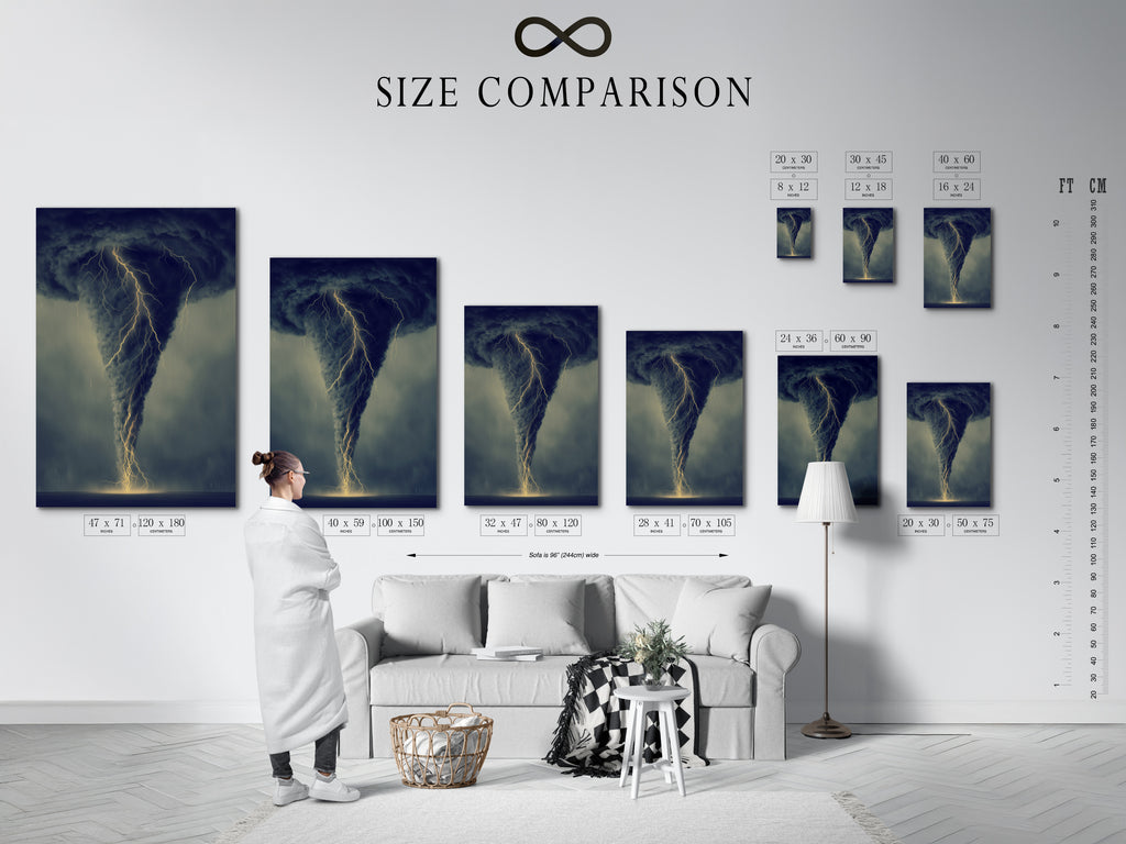 A size comparison chart in an interior setting. See how this tornado art fits in different spaces. Visualize the perfect size for your living room or office. This chart helps you choose the right dimensions. Find the ideal fit for your decor