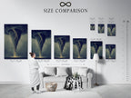 A size comparison chart in an interior setting. See how this tornado art fits in different spaces. Visualize the perfect size for your living room or office. This chart helps you choose the right dimensions. Find the ideal fit for your decor