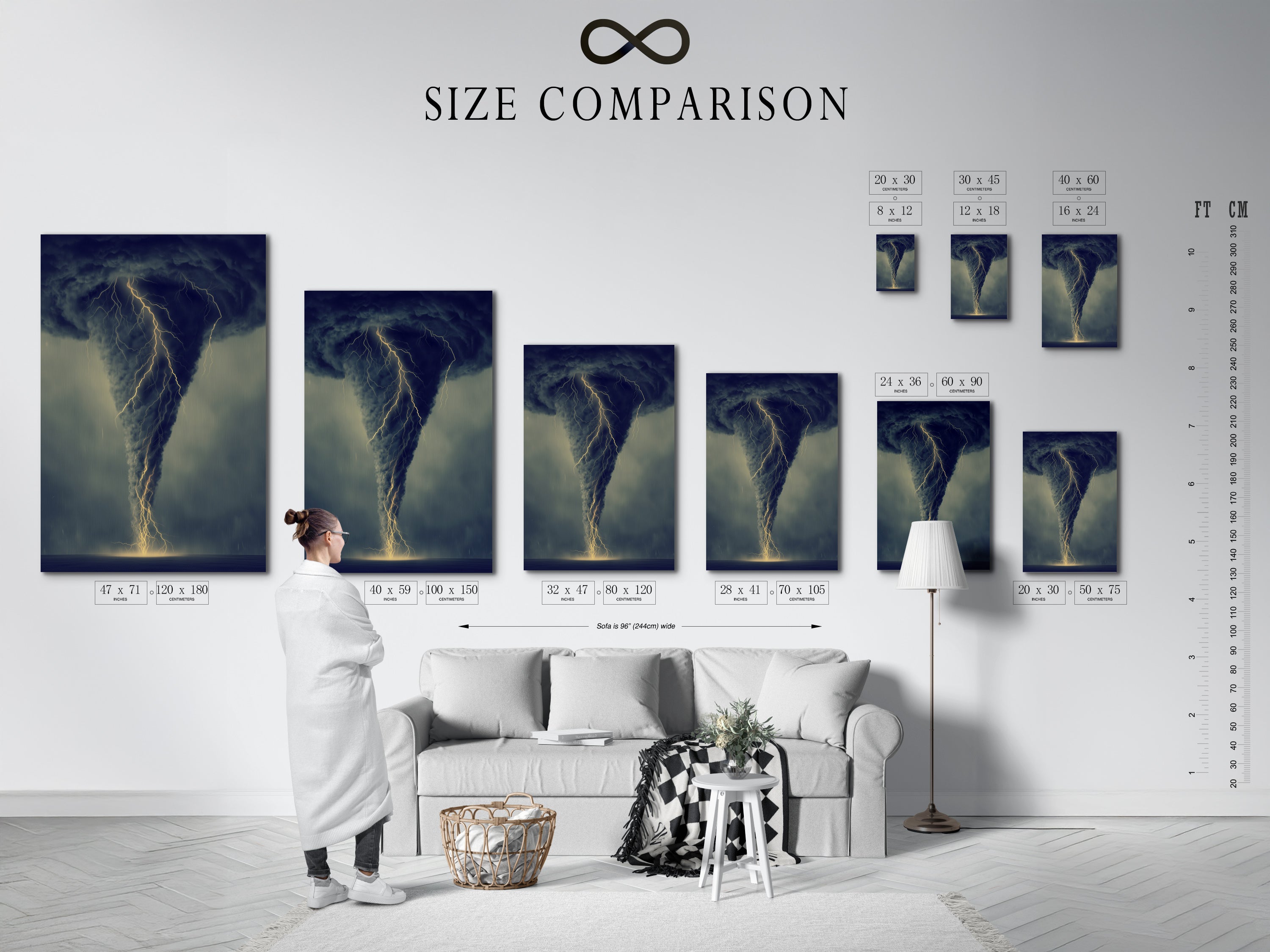 A size comparison chart in an interior setting. See how this tornado art fits in different spaces. Visualize the perfect size for your living room or office. This chart helps you choose the right dimensions. Find the ideal fit for your decor