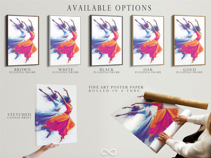Available options for the Indian Dancers artwork. Options include a stretched canvas print. Also available is fine art poster paper and a floating frame. Choose the perfect style for your decor.