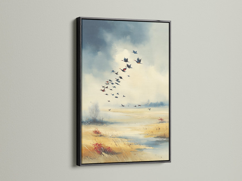 Birds in Flight canvas artwork with a black frame. This striking piece adds sophistication to your decor. The black frame creates a bold contrast with the autumn landscape. Perfect for renters looking to elevate their living space. This bird print suits both modern and rustic interiors.