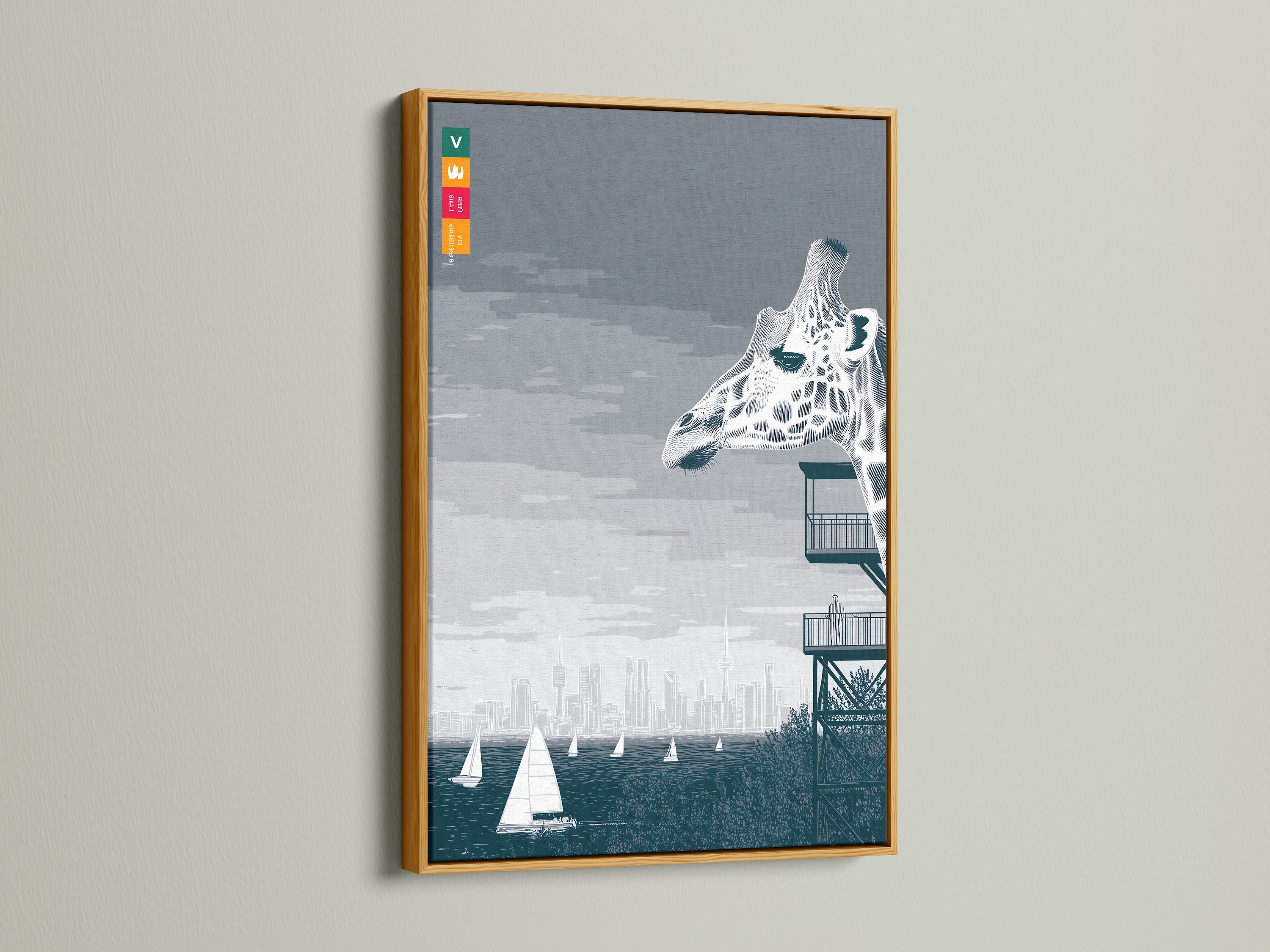 Elevate your space with this giraffe artwork featuring a city skyline and sailboats in a gold frame. The gray and blue tones provide a modern coastal aesthetic. A unique statement piece for any room.