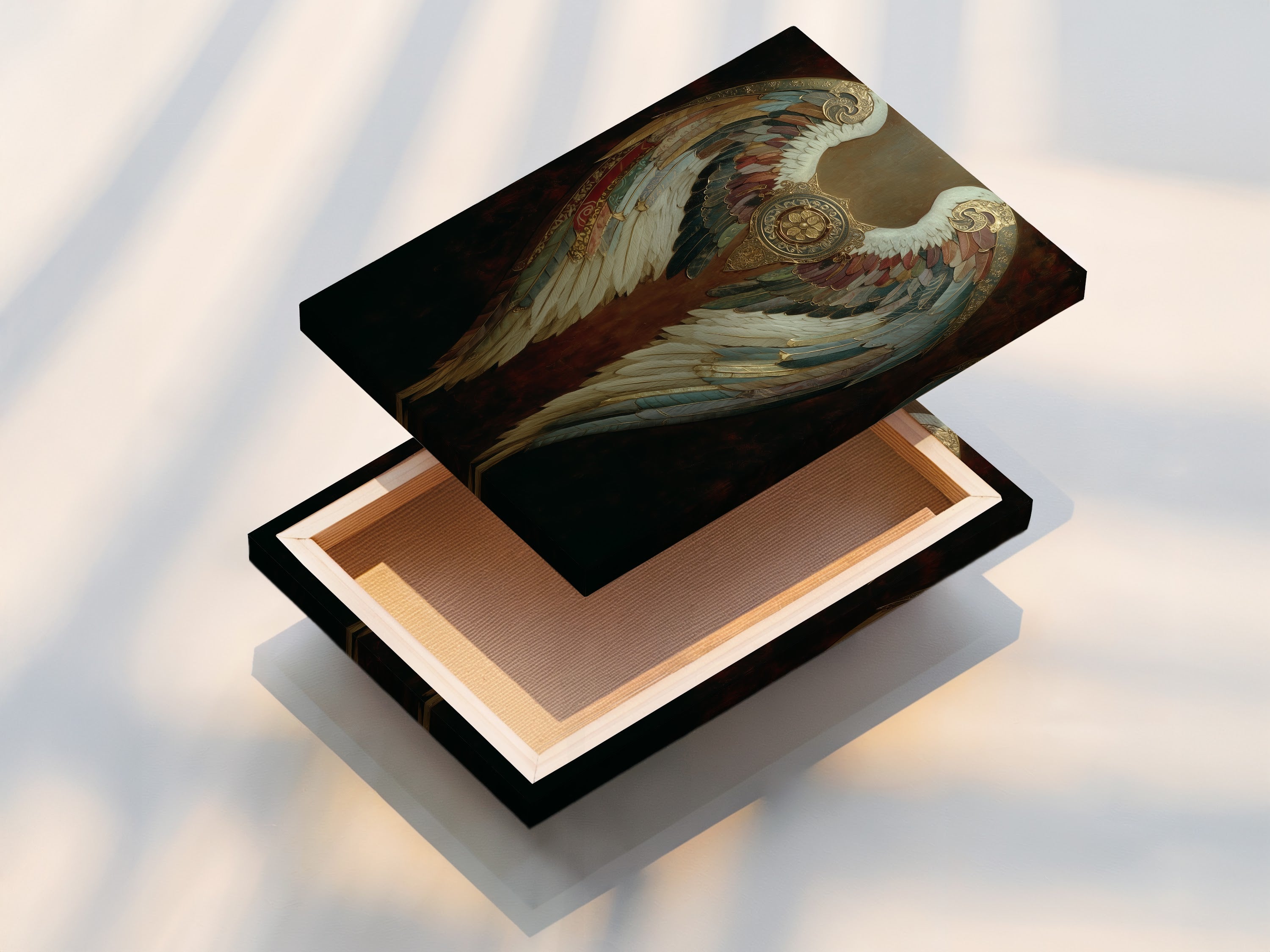 Stretched canvas print of angel wings art. Gothic wall art with vintage flair for spiritual home decor. Perfect for bedrooms or living rooms. Ornate angel wings enhance dark academia aesthetics. Feather art adds elegance to mythical art. Elevate your space with this angelic artwork.