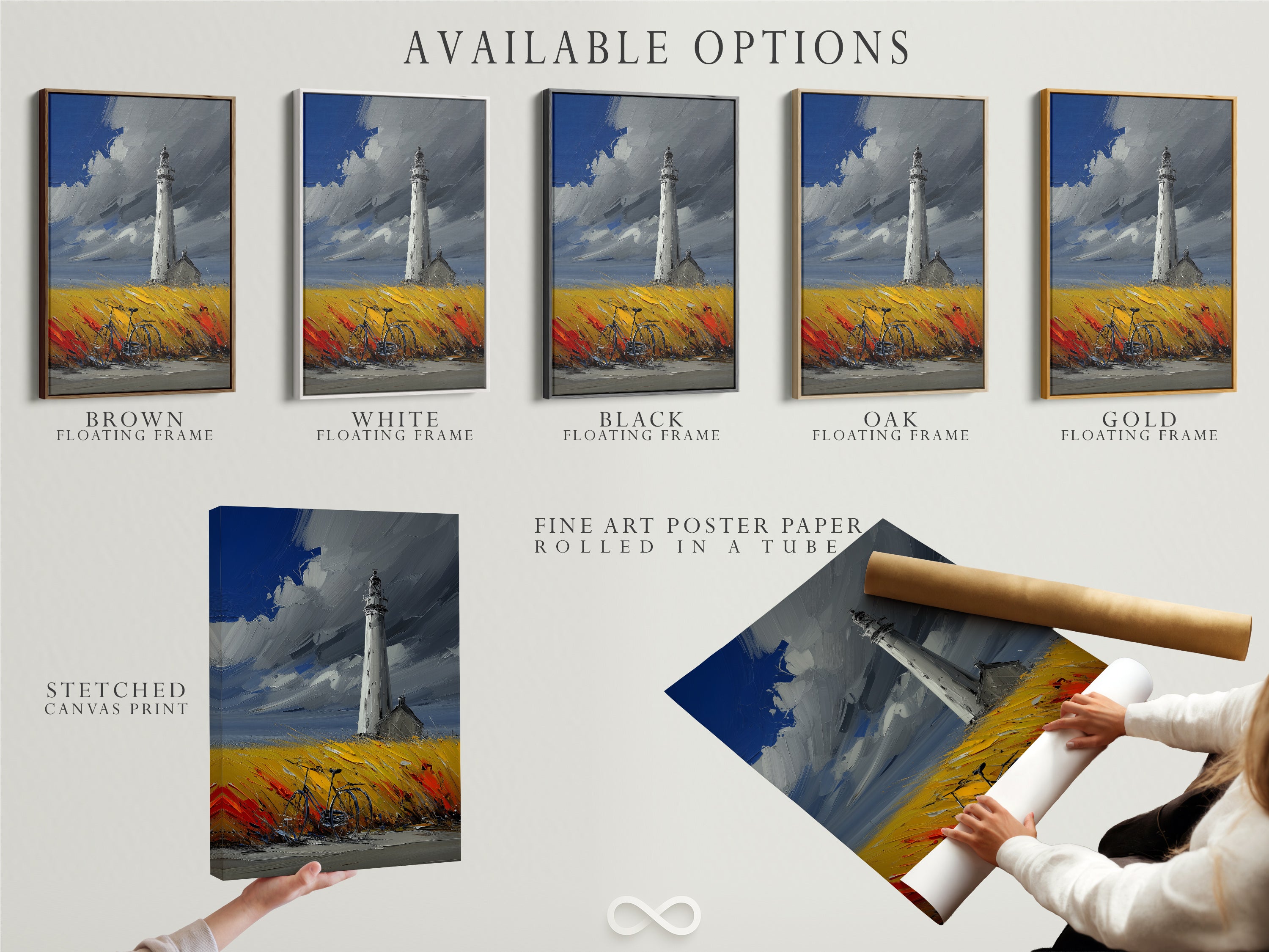 Available options for lighthouse artwork include stretched canvas print fine art poster paper and floating frame. Choose the perfect option for your style and budget. The lighthouse artwork is a beautiful addition to any home. Explore the different options and find the perfect fit. The artwork features a lighthouse and bicycle.