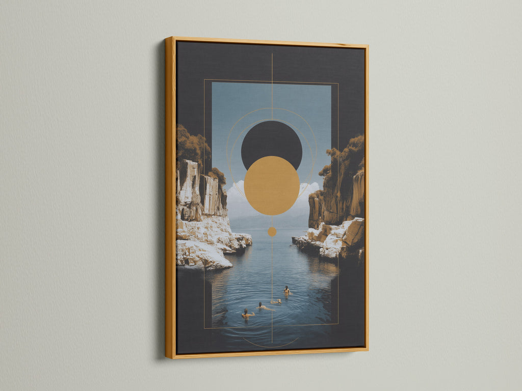 A Geometric Seascape artwork with a gold frame. This modern wall art features abstract coastal elements and earth tones. The gold frame adds a touch of luxury and sophistication. Ideal for enhancing living rooms offices and more.