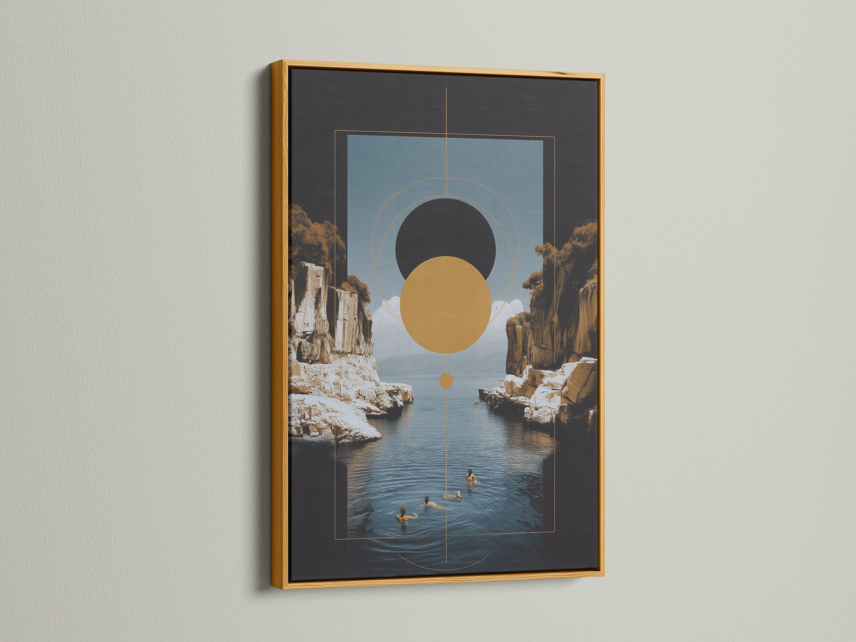 A Geometric Seascape artwork with a gold frame. This modern wall art features abstract coastal elements and earth tones. The gold frame adds a touch of luxury and sophistication. Ideal for enhancing living rooms offices and more.