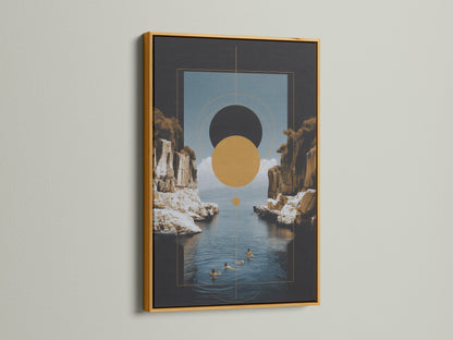 A Geometric Seascape artwork with a gold frame. This modern wall art features abstract coastal elements and earth tones. The gold frame adds a touch of luxury and sophistication. Ideal for enhancing living rooms offices and more.