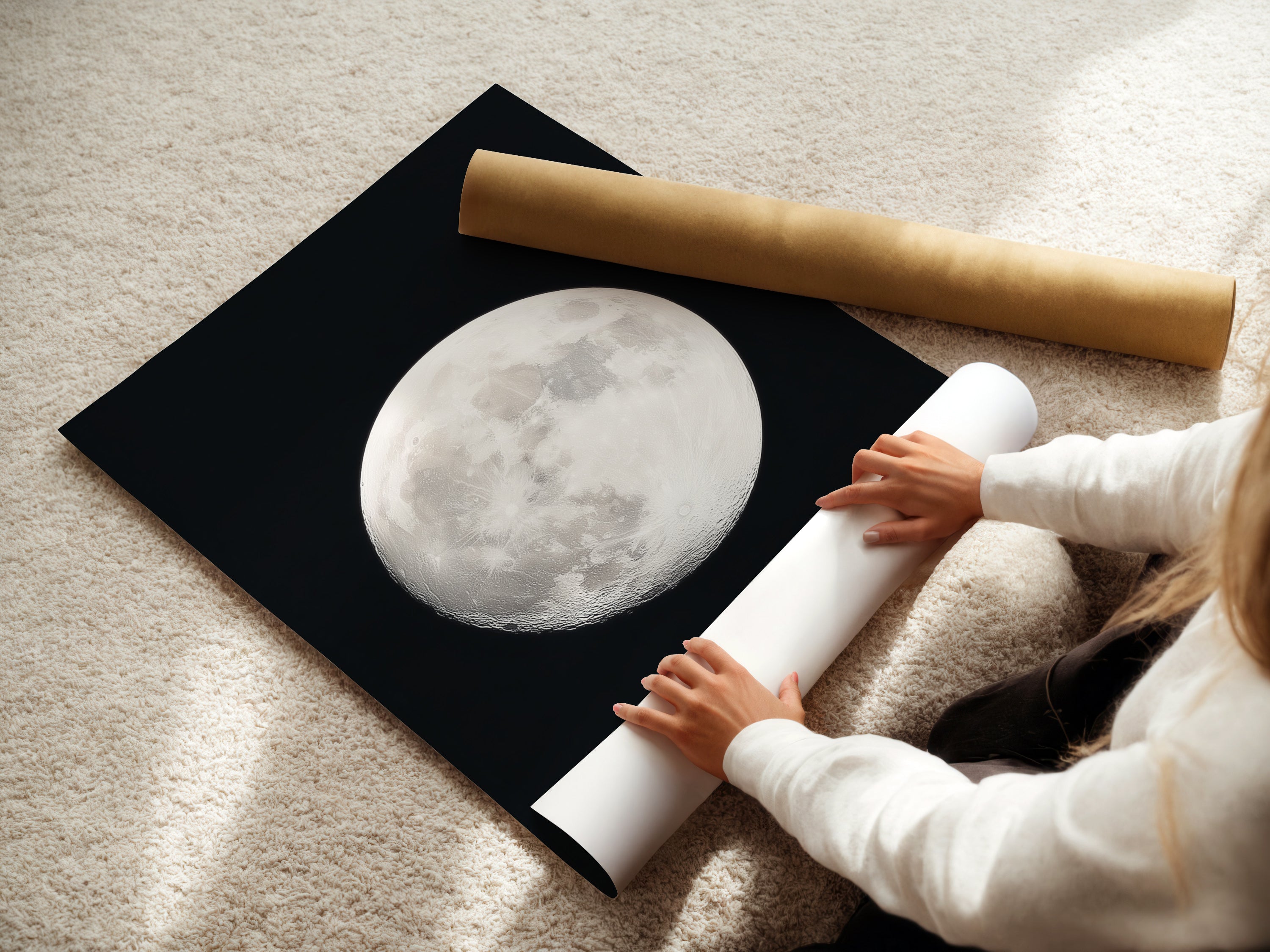A woman rolling a Full Moon fine art poster paper. She is preparing celestial art for astronomy decor. She is creating moon phase art for your home. This is perfect space themed art. It's a unique astrology gift. This will become a night sky print. This is a beautiful piece of full moon artwork and a celestial print.