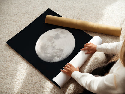 A woman rolling a Full Moon fine art poster paper. She is preparing celestial art for astronomy decor. She is creating moon phase art for your home. This is perfect space themed art. It's a unique astrology gift. This will become a night sky print. This is a beautiful piece of full moon artwork and a celestial print.
