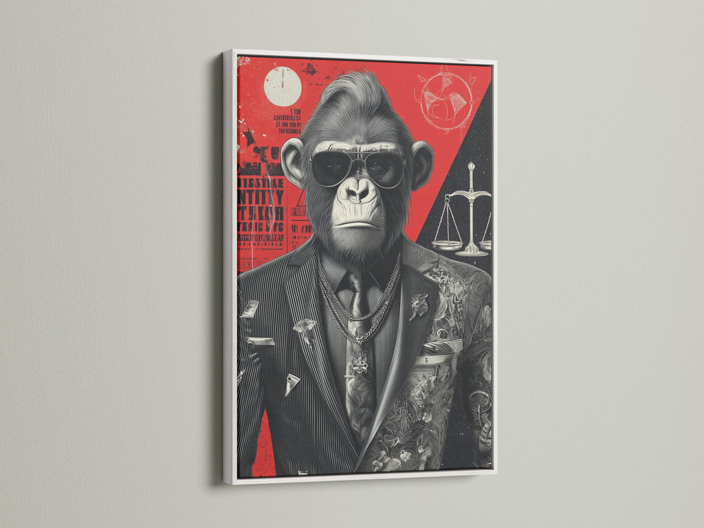 Cool Gorilla Art Print in a white frame. The artwork features a monkey dressed as a lawyer. This piece adds sophistication to any space. Perfect for legal professionals and art enthusiasts