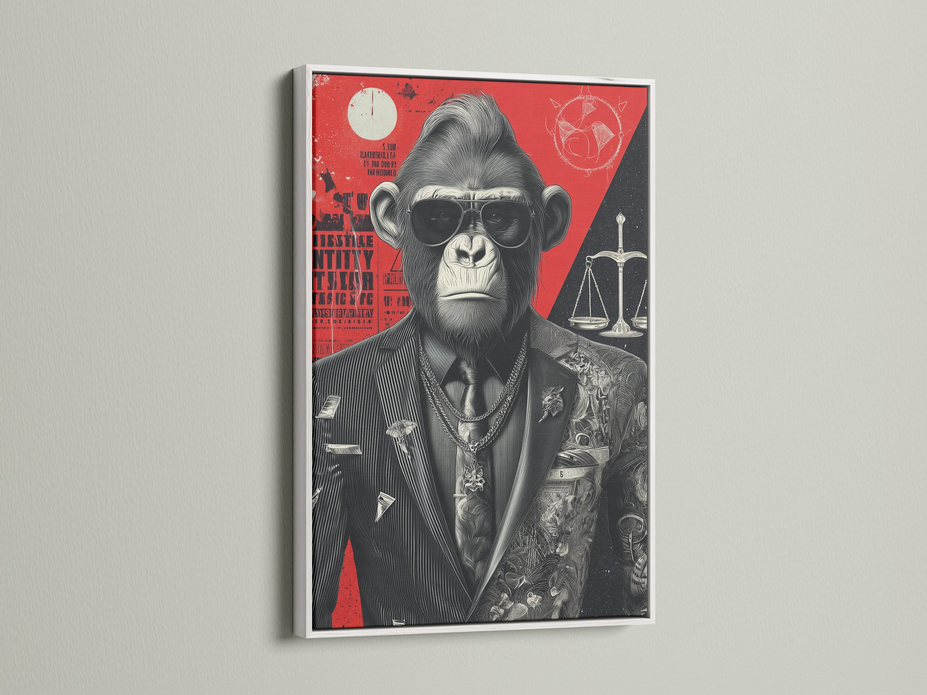 Cool Gorilla Art Print in a white frame. The artwork features a monkey dressed as a lawyer. This piece adds sophistication to any space. Perfect for legal professionals and art enthusiasts