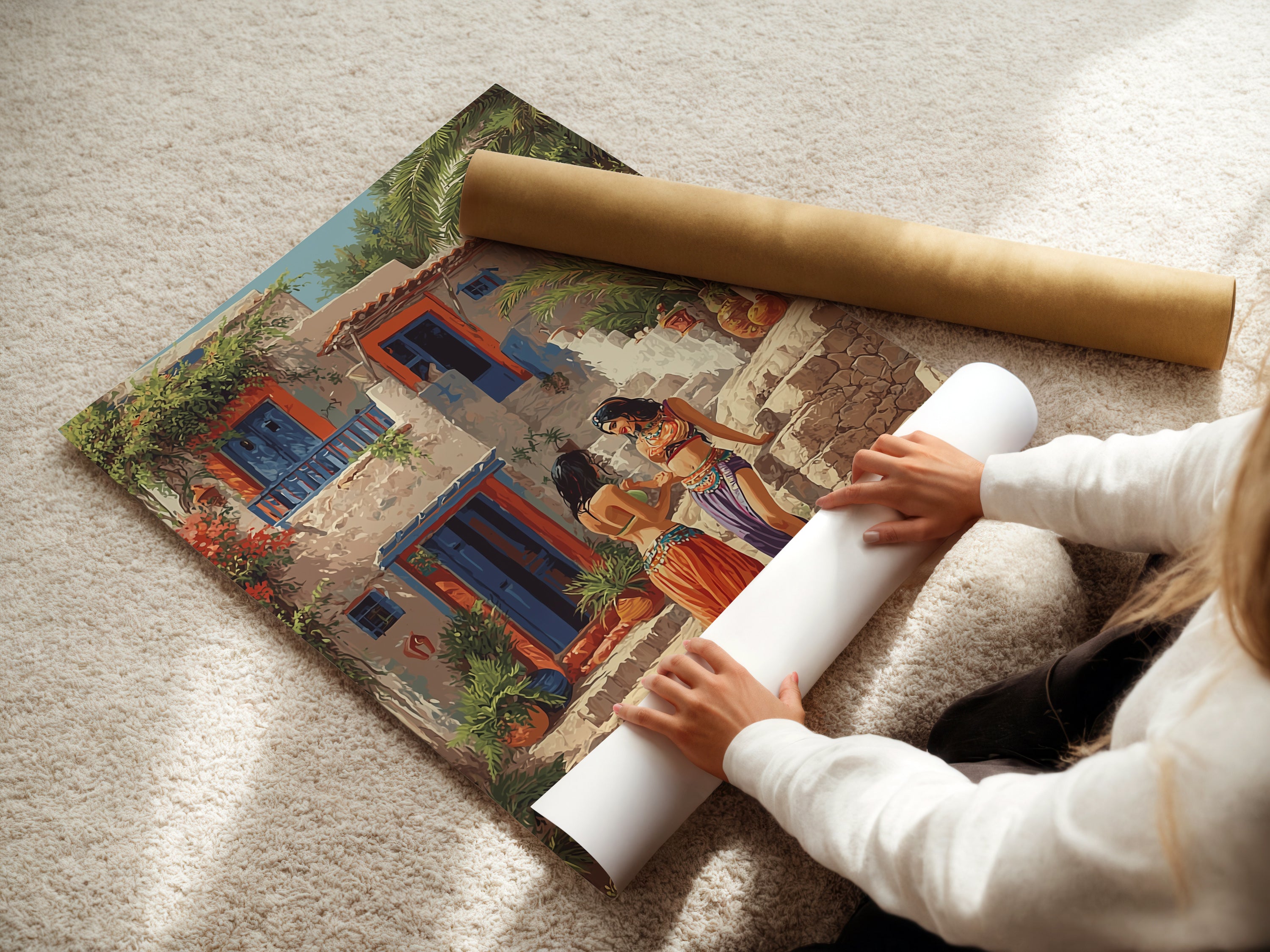 A woman is carefully rolling a fine art poster paper. This ensures the bohemian art remains in pristine condition. The women print is perfect for mediterranean decor. This teal wall art adds a touch of elegance to any space. It is ideal for boutique owners seeking elevated Bohemian Wall Art. The poster paper is perfect for framing.