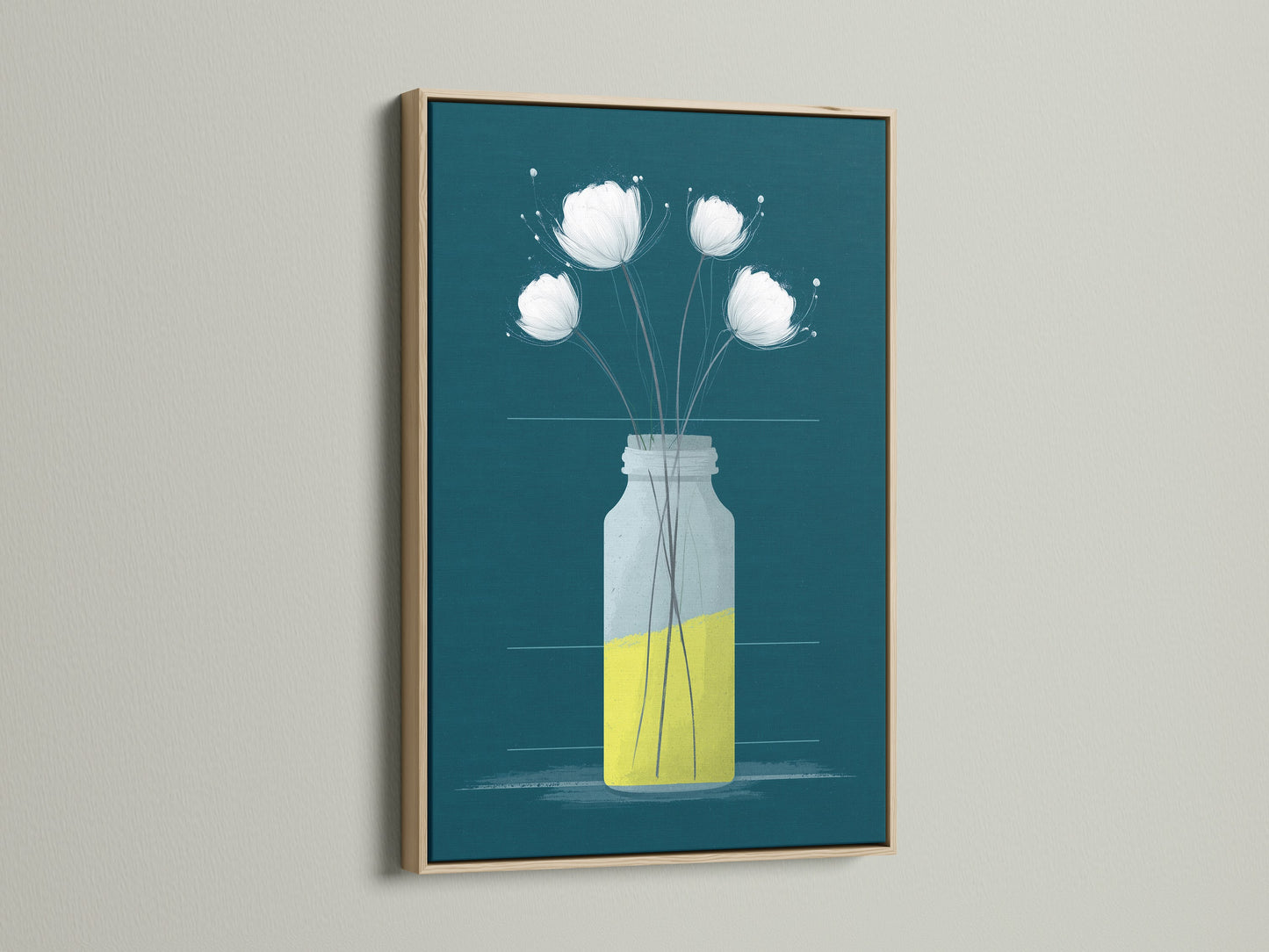 A minimalist botanical print displayed in an oak frame. The teal and yellow floral artwork enhances any room. This floral canvas art adds a touch of modern elegance. Great for living rooms bedrooms and offices.