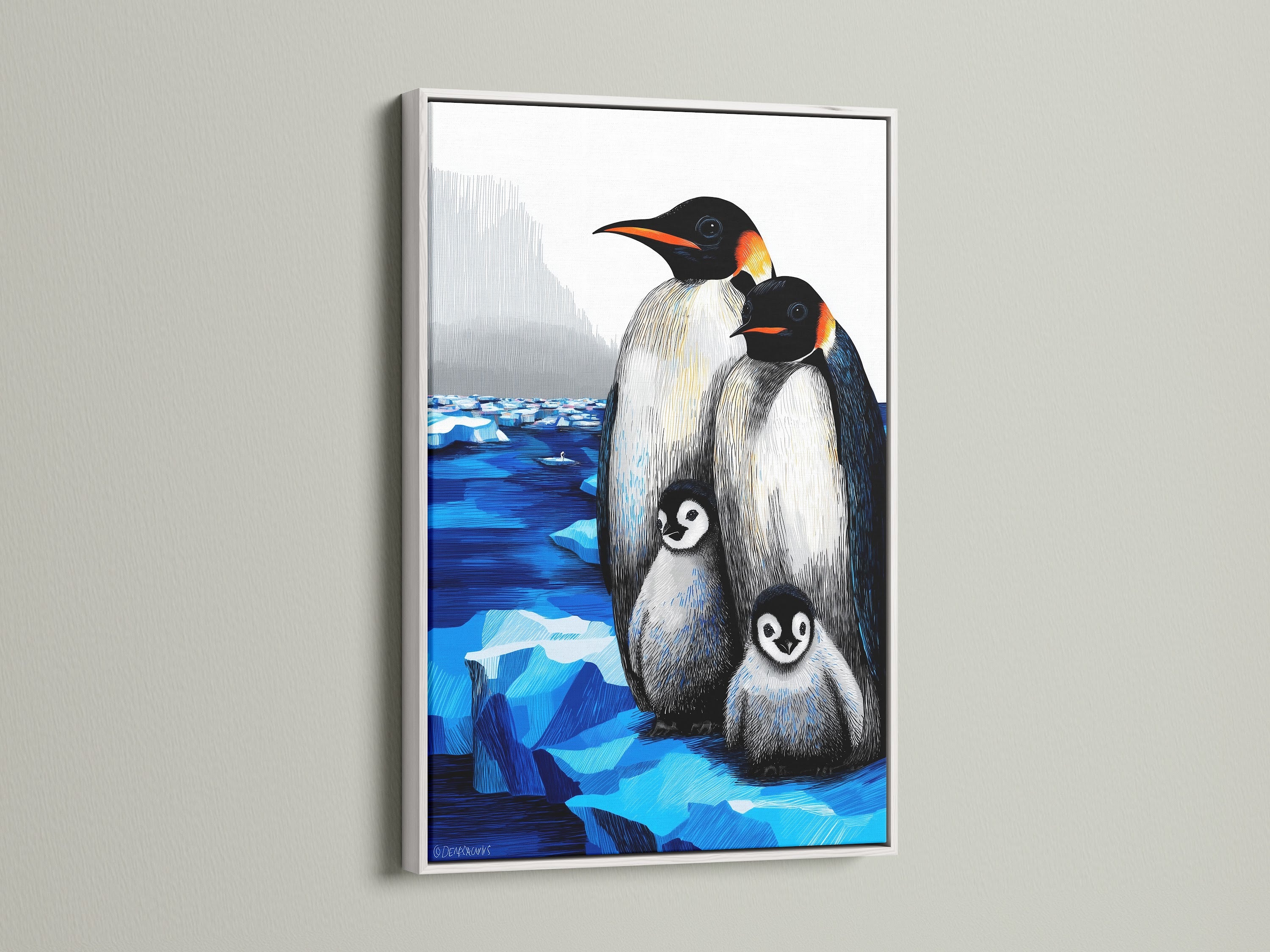 Penguin Family Artwork with a White Frame. This delightful animal print is perfect for a kids room. The white frame adds a clean modern look. This artwork brings a touch of arctic wildlife to your nursery. Shop now.