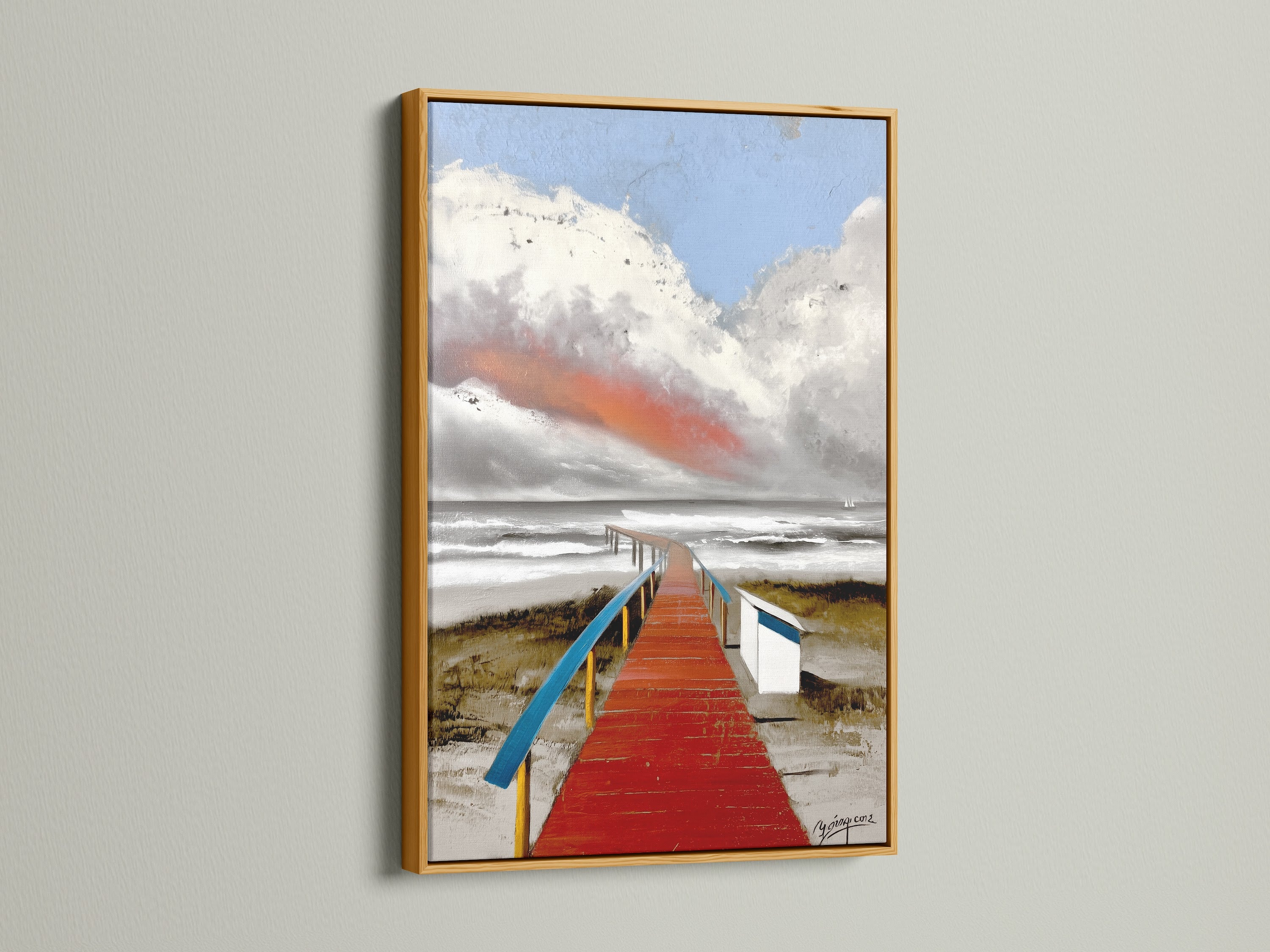 Beach Boardwalk Canvas Print in a gold frame. The coastal artwork captures a serene seascape. The red walkway and ocean view add a touch of elegance to any room. Perfect for enhancing your beach house decor with this nautical wall art.