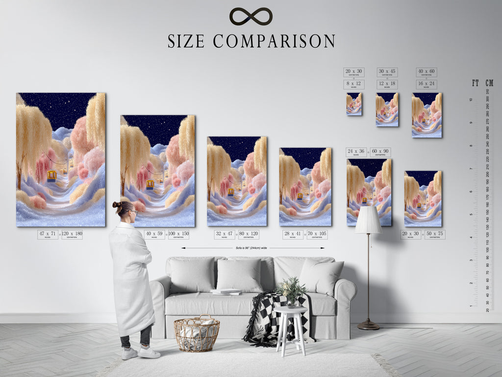 A size comparison chart displayed in an interior setting. See how the dreamy wall art fits in your space. This pastel sky art is available in various sizes. Find the perfect fit for your decor.