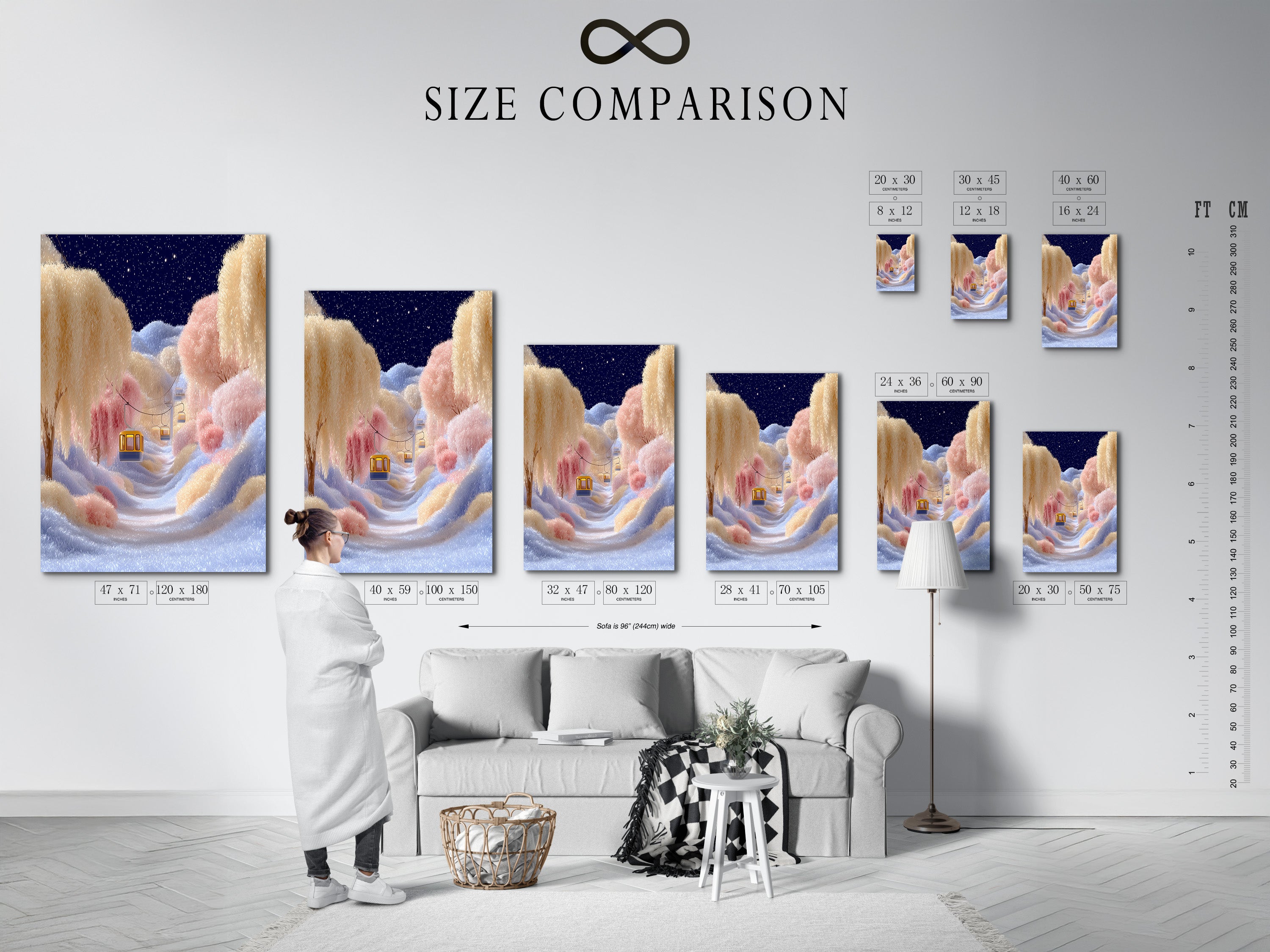 A size comparison chart displayed in an interior setting. See how the dreamy wall art fits in your space. This pastel sky art is available in various sizes. Find the perfect fit for your decor.