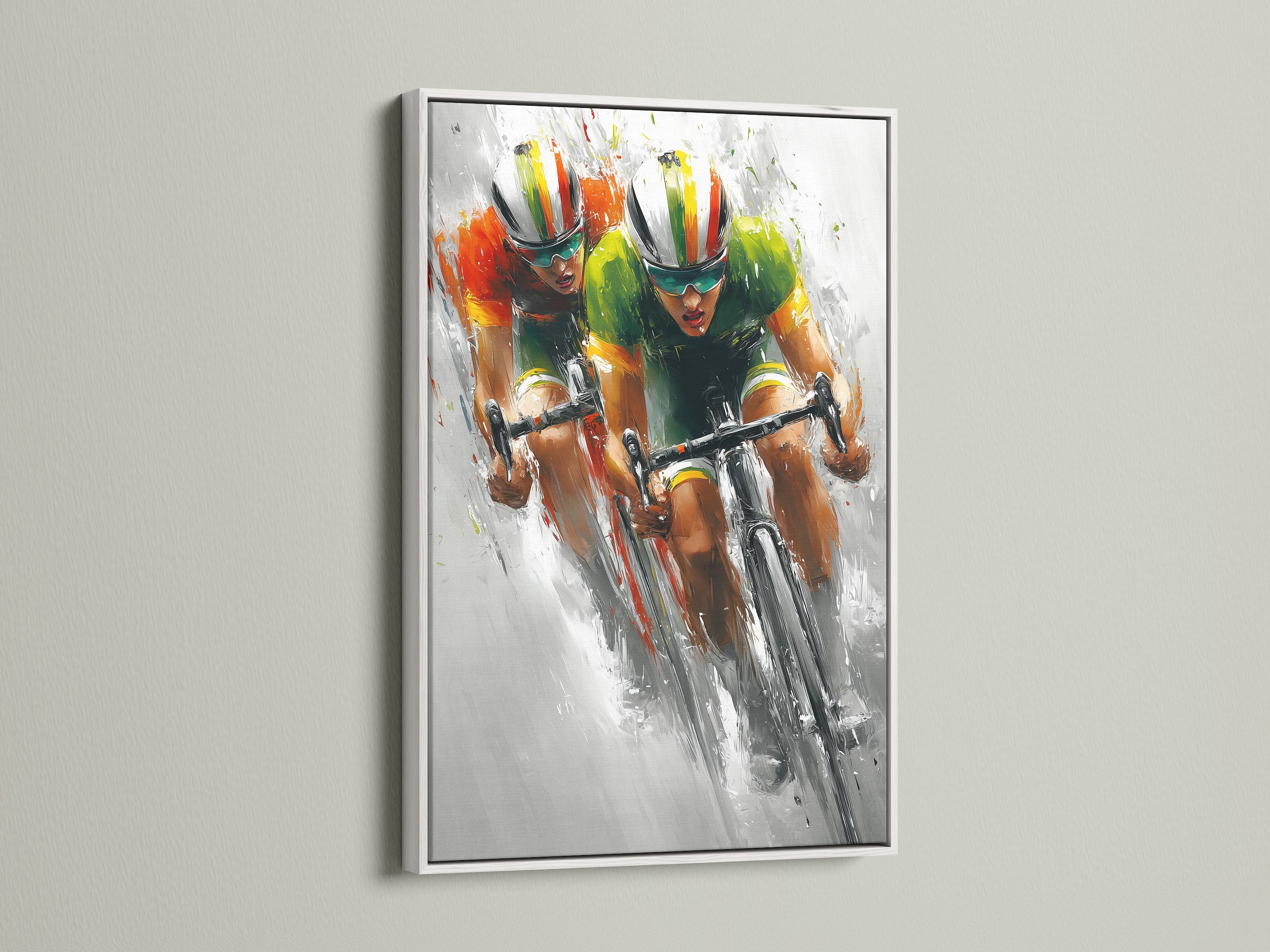 A clean white frame surrounds a vibrant artwork. The bright white enhances the colors in the art. It makes a statement. See how a white frame creates a modern and fresh look. Perfect for any room setting.