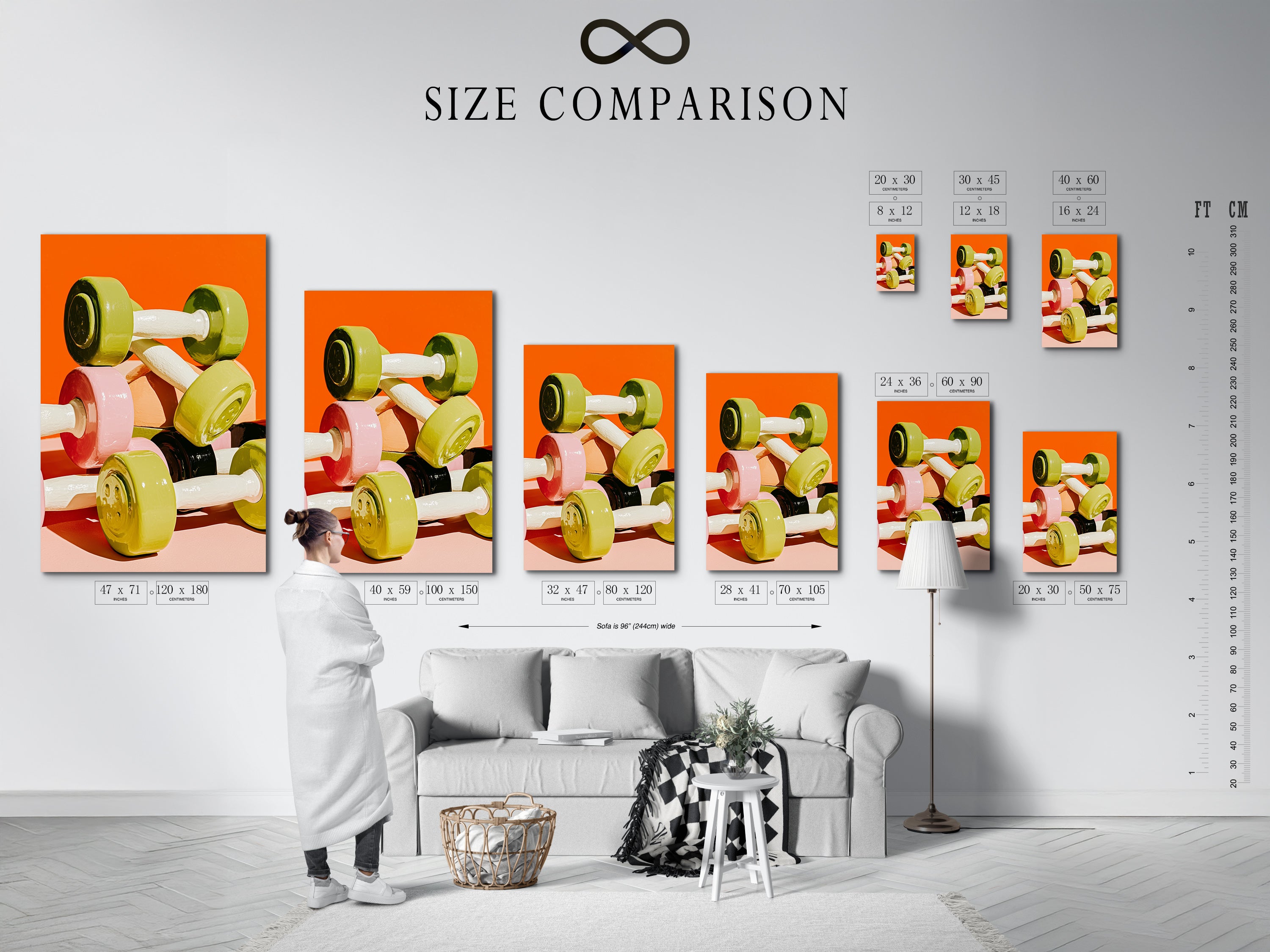 This is a size comparison chart in an interior setting. See how the dumbbell art fits in your space. Different sizes are available for the canvas print. Choose the perfect size for your gym wall decor. This is ideal for home gyms. It's also great for fitness centers.