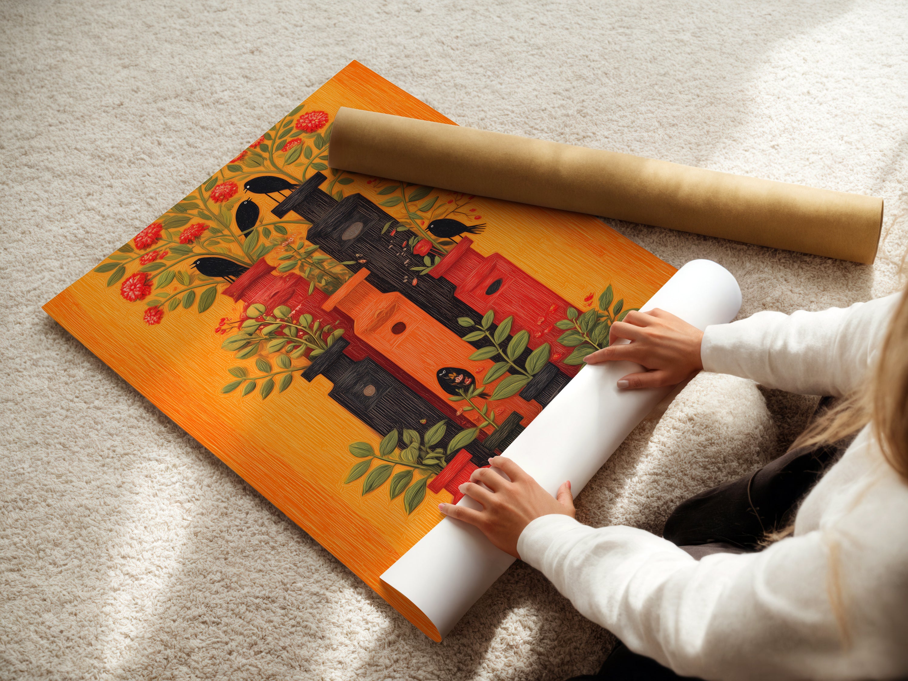 A woman is carefully rolling a fine art poster paper print. The Botanical Birds artwork will soon be ready to hang. This retro floral art will add character to your space. Get yours today.