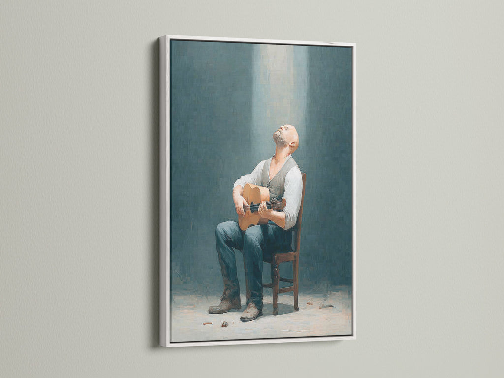Rustic man with guitar art in a white frame. Add vintage charm to your music room decor. Discover the beauty of this man with guitar artwork. Perfect for any space today