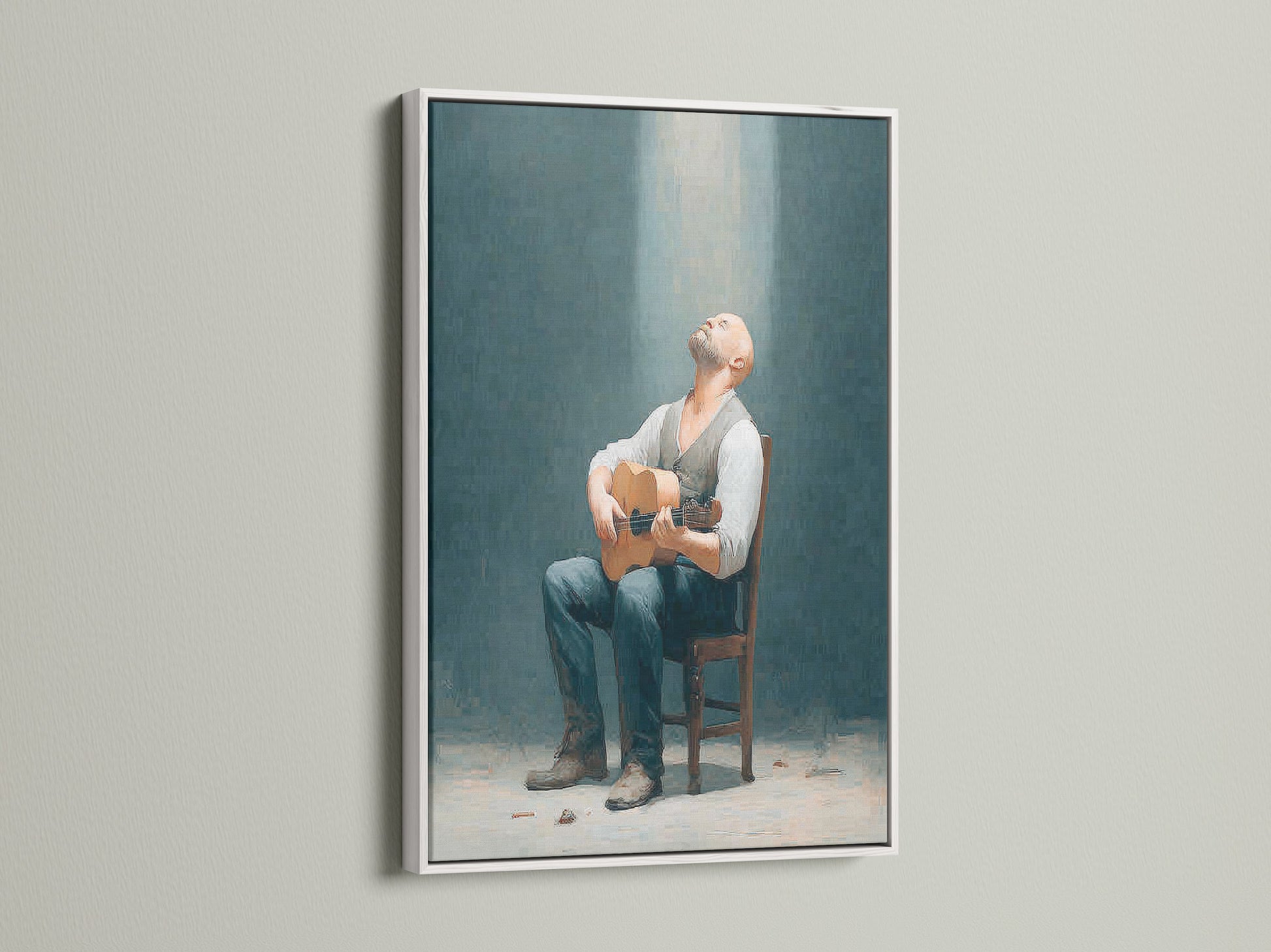 Rustic man with guitar art in a white frame. Add vintage charm to your music room decor. Discover the beauty of this man with guitar artwork. Perfect for any space today