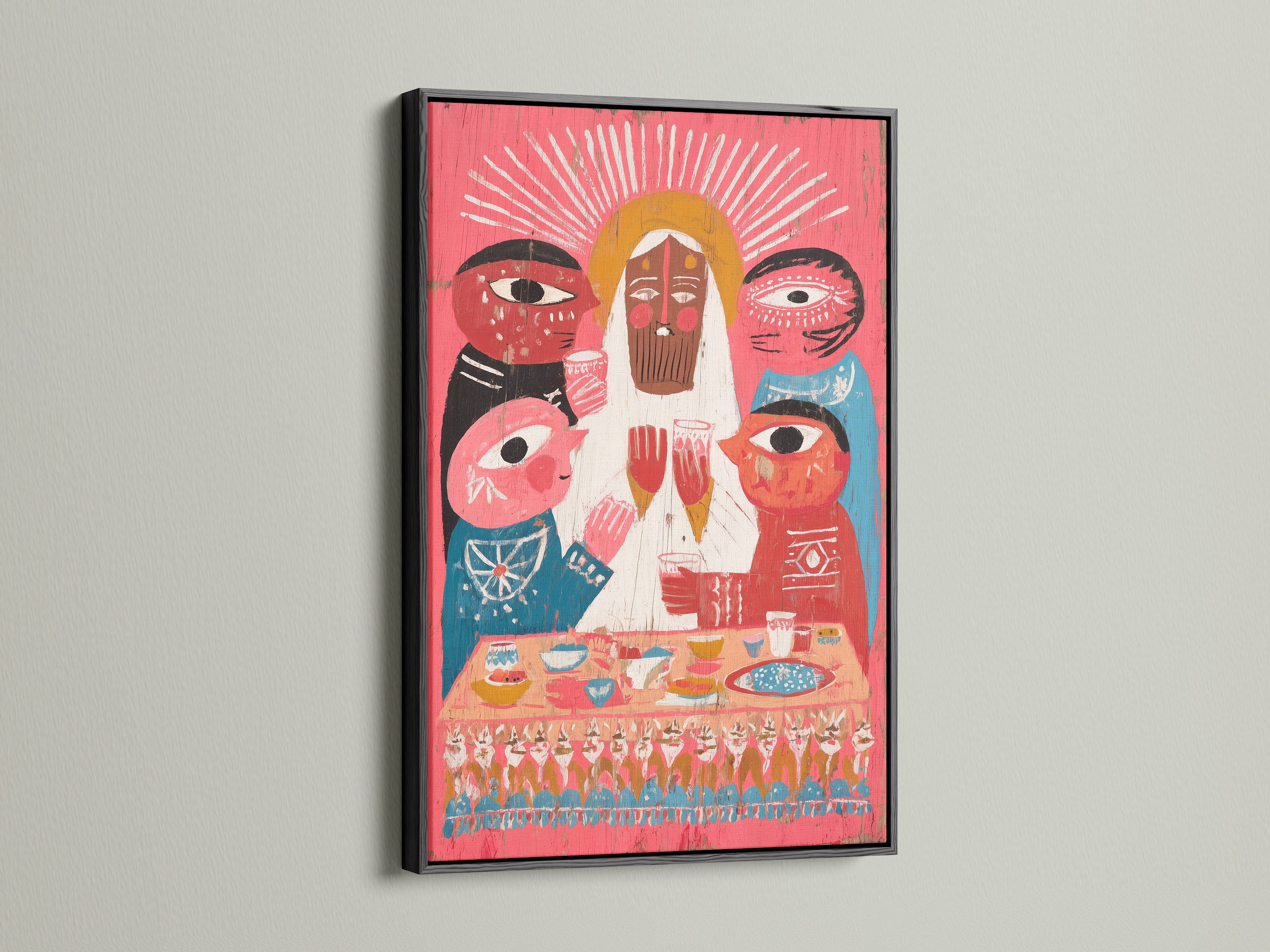 The Religious Family Art is showcased in a black frame. The Modern Folk Wall Art adds color to any room. The Folk Canvas Art makes it a unique spiritual piece. This is contemporary folk.