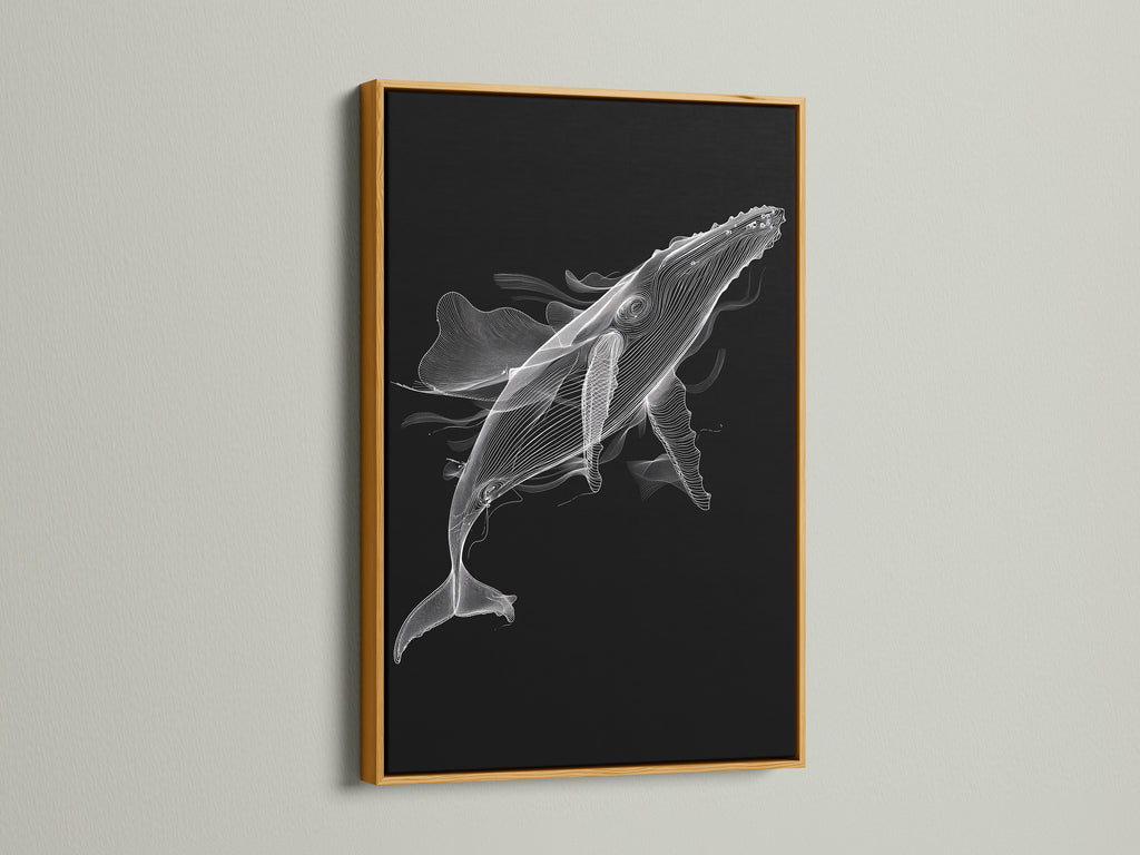 A black and white whale artwork is presented in a luxurious gold frame. This minimalist ocean canvas print adds a touch of elegance. Perfect for enhancing your home office or study. The gold frame highlights the whale artwork. This marine animal art is sure to impress.