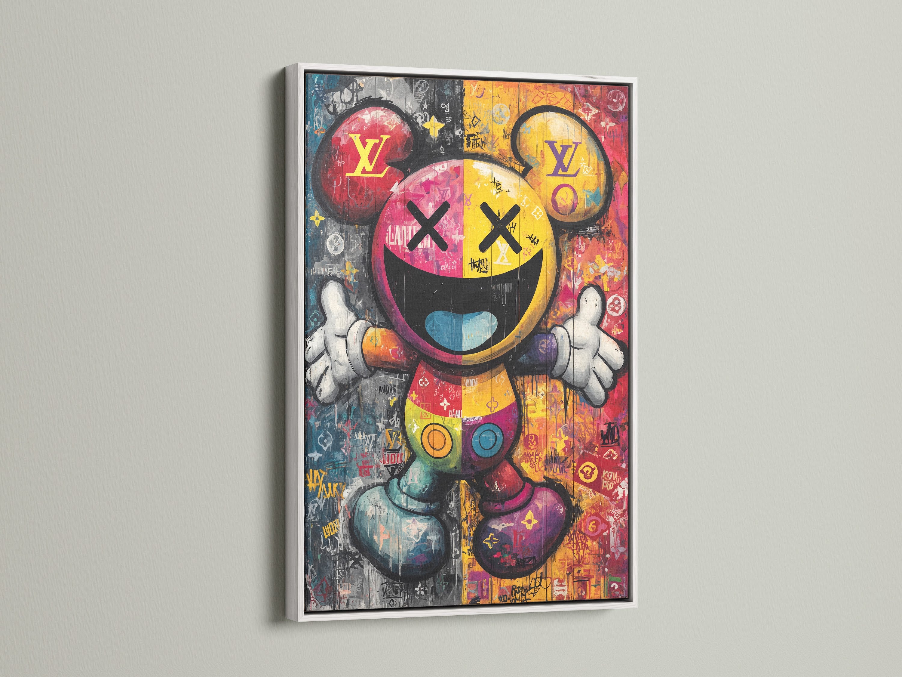 This image showcases a colorful Mickey Mouse pop artwork with a white frame. The vibrant street art design adds a playful touch to any space. The white frame enhances the artwork's bold colors. Perfect for kids' rooms or modern art collections.