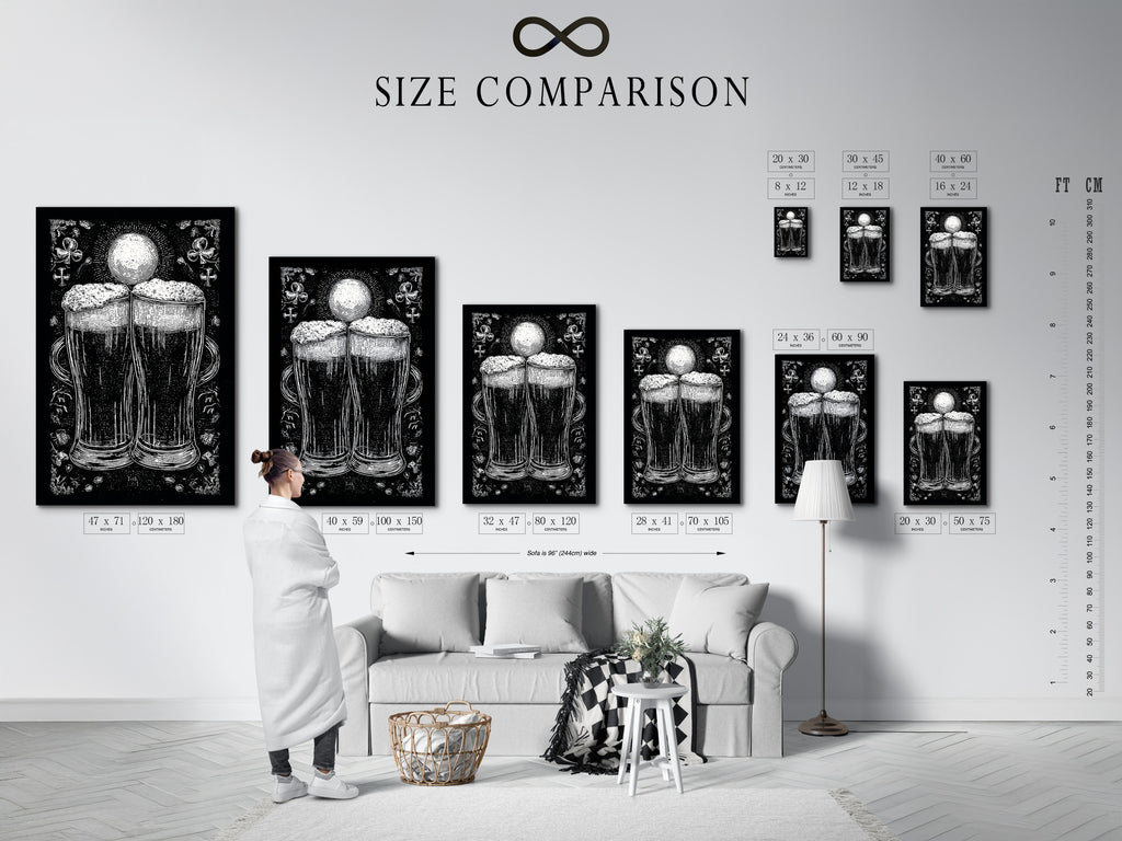 A size comparison chart is displayed in an interior setting. This chart helps visualize the different sizes available for your artwork. The artwork features a monochromatic illustration of two beer glasses. Choose the perfect size to complement your space. It is ideal for home or office decor.