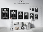A size comparison chart is displayed in an interior setting. This chart helps visualize the different sizes available for your artwork. The artwork features a monochromatic illustration of two beer glasses. Choose the perfect size to complement your space. It is ideal for home or office decor.